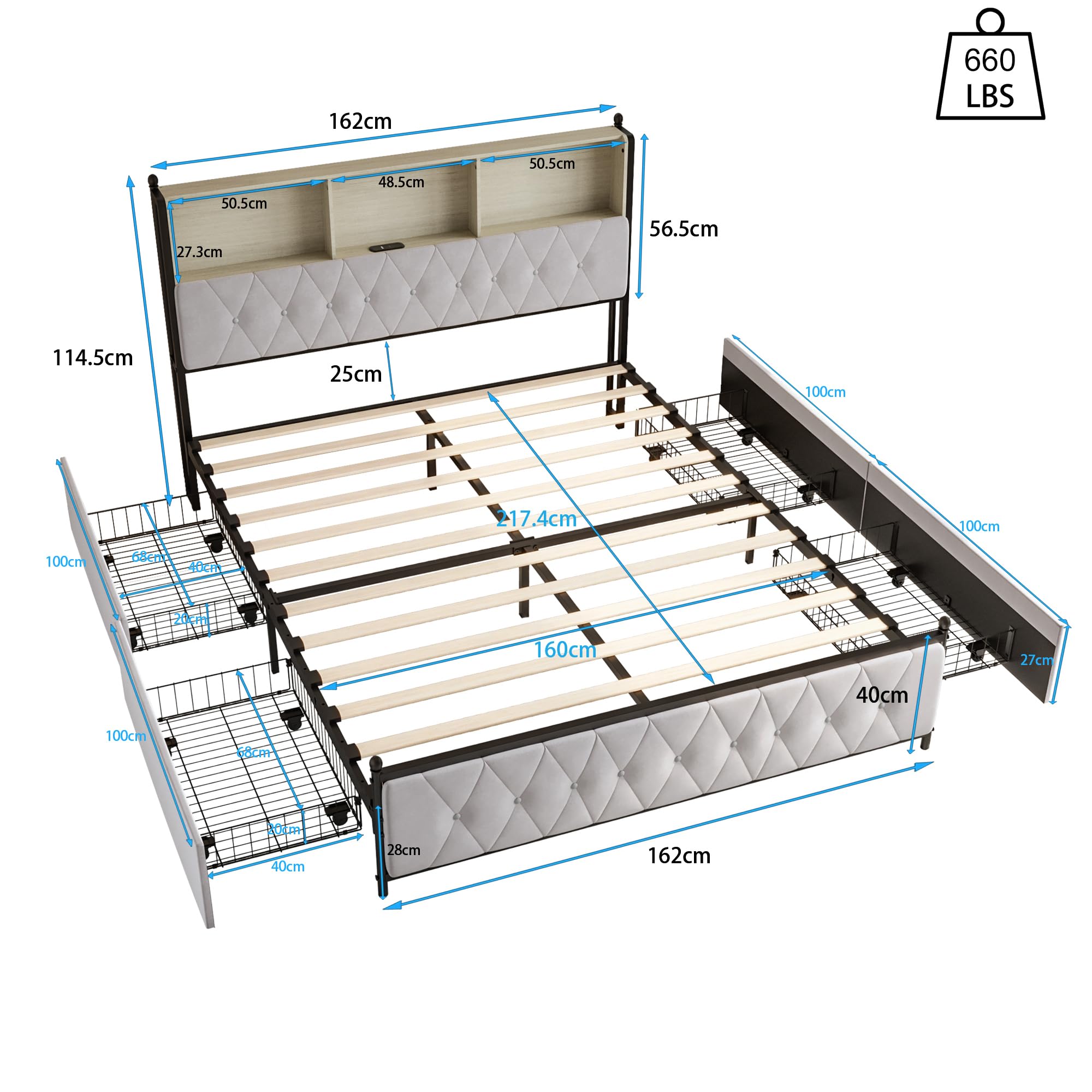 Cama tapizada para cama doble de 160 x 200, cama con cajón, cama funcional con cabecero, cama doble LED con almacenamiento, cama para adultos (beige, 160 x 200)