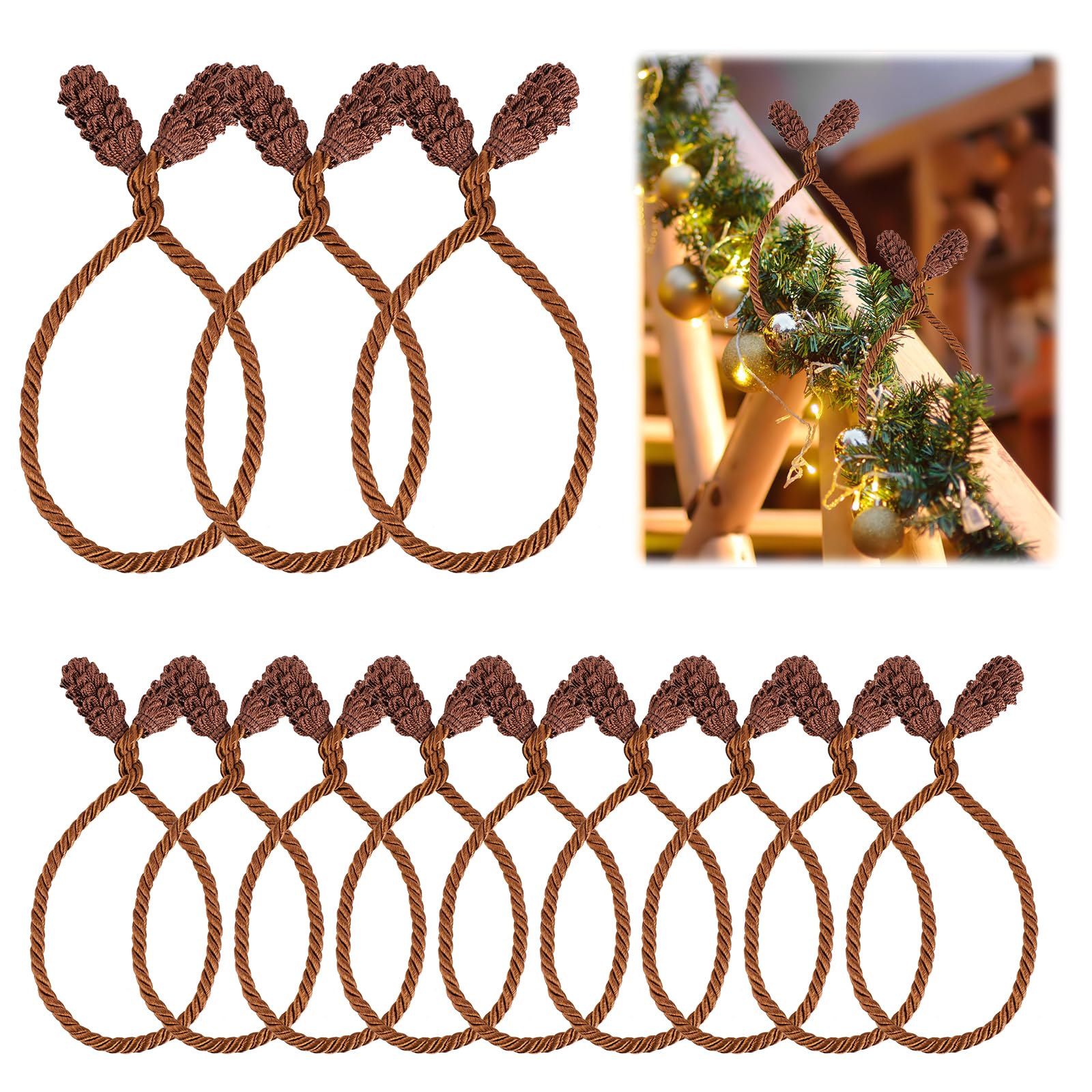 12pcs Christmas Garland Ties, 15.75 Inch Long Christmas Staircase Banister Ties Holiday Garland Flexible Ties Reusable Decorative Railing Twist Ties for Christmas Party Home Decoration (Brown) — image 1