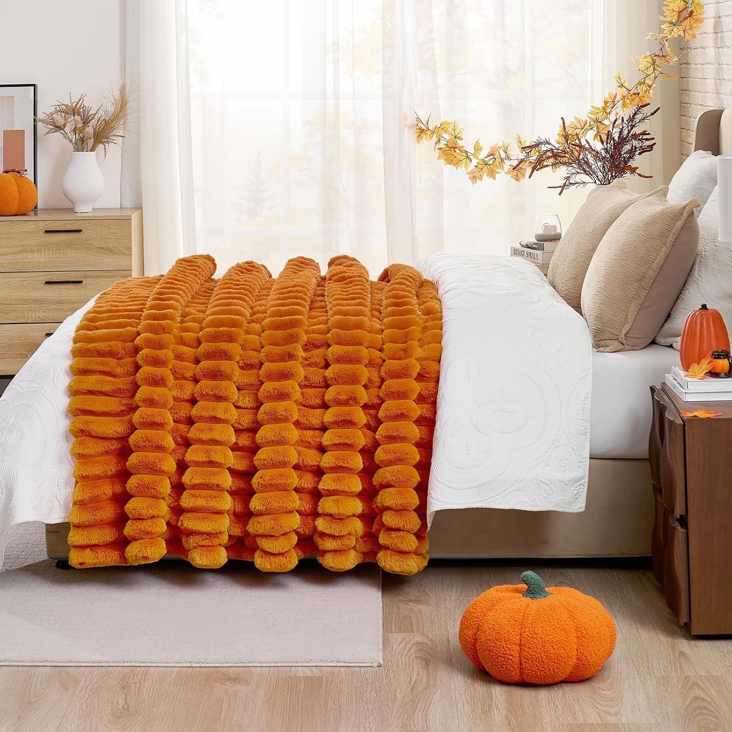 Cozy Bliss Faux Fur Throw Blanket for Couch, Cozy Warm Plush Striped Blanket for Sofa Bedroom Living Room, 50 * 60 Inches Burnt Orange - Image 6