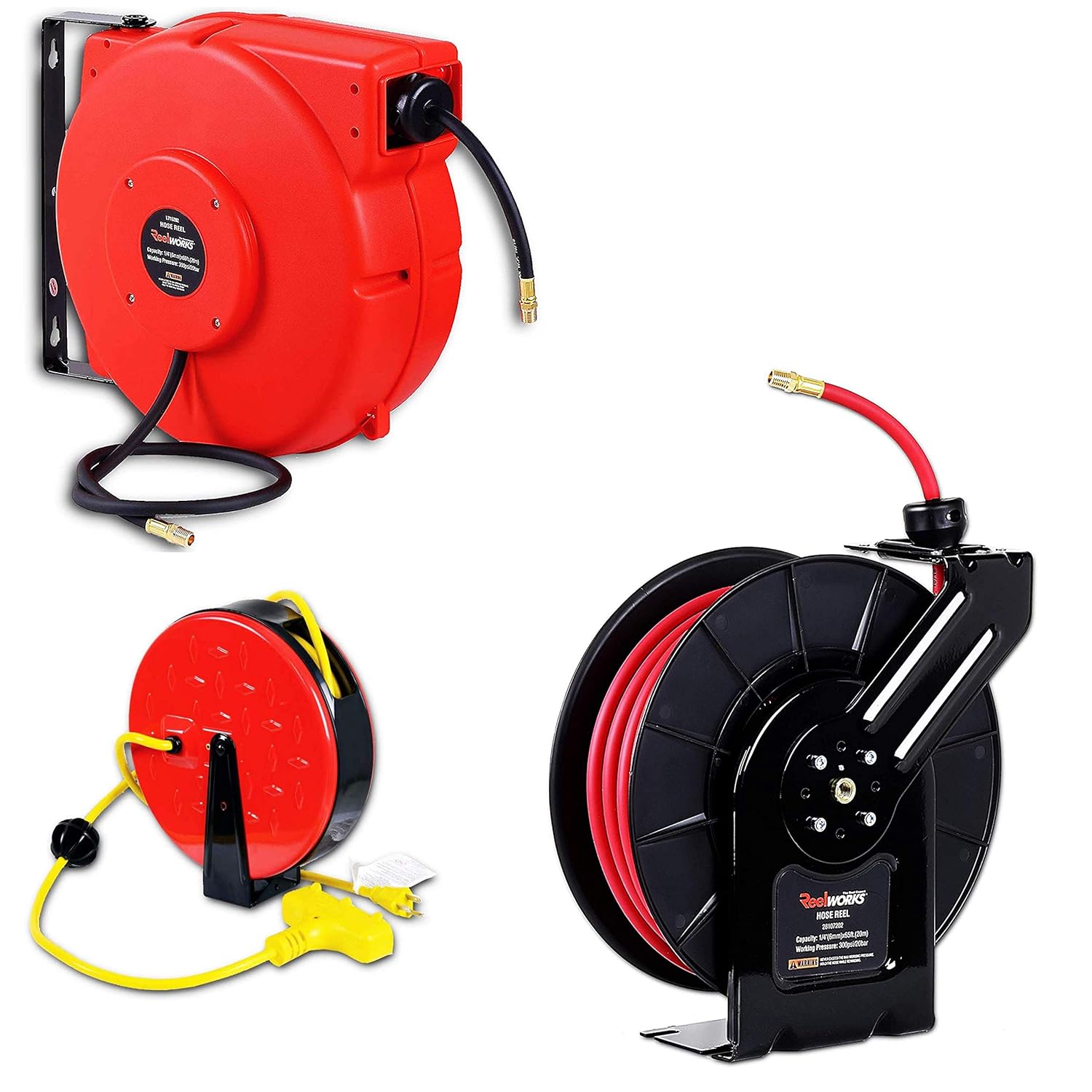 ReelWorks Air Hose Reels 1/4"x33' & 1/4"x65' & Extension Cord Reel