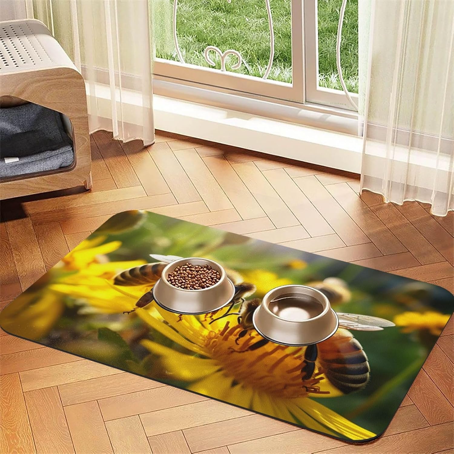 Bee Honeybee1 Print Pet Feeding Mat Dog Mat for Food and Water Bowl Dogs Water Dispenser Mat Dogs Accessories
