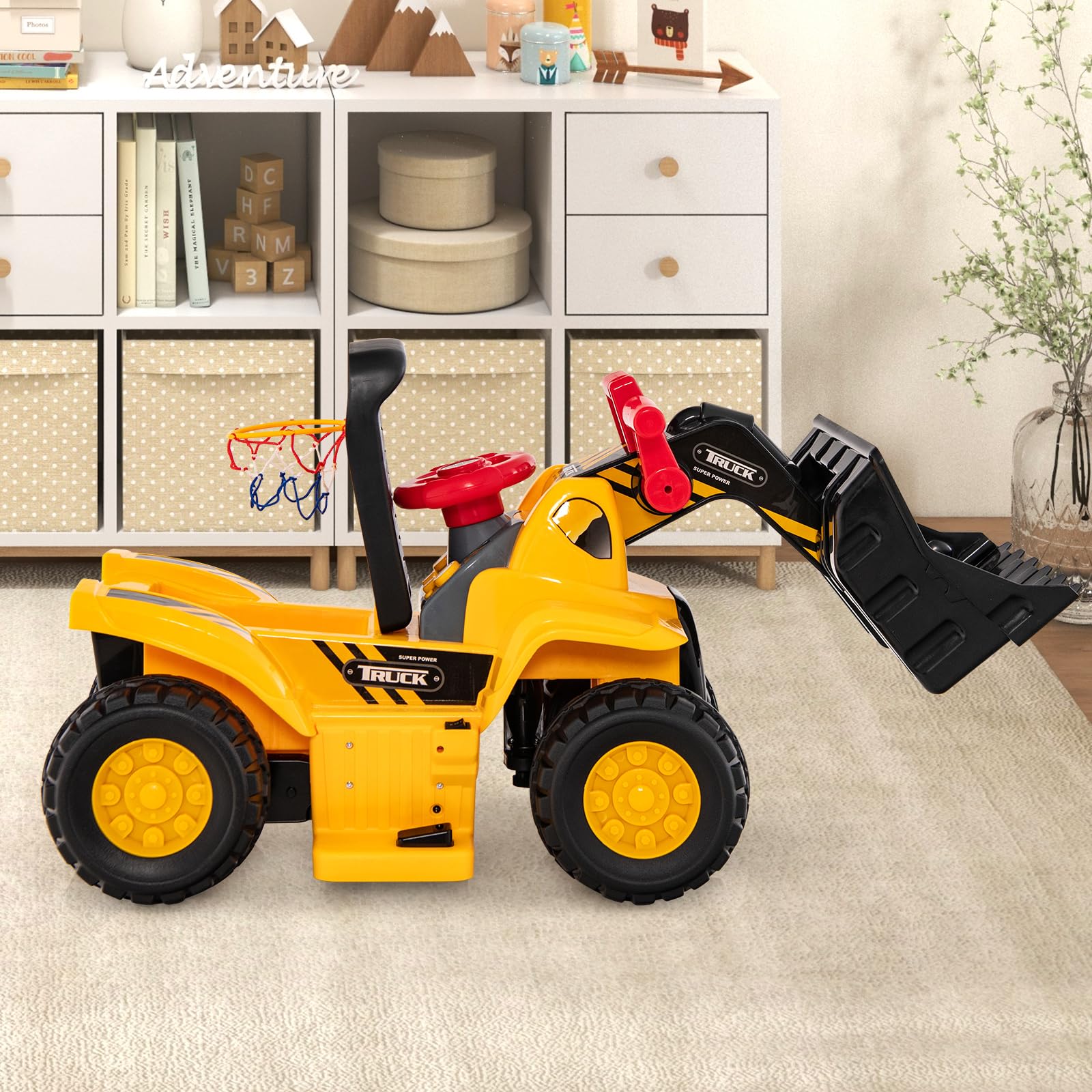 COSTWAY Sitzbagger, Kinderbagger elektrisch mit verstecktem Stauraum & Basketballkorb & 4 Sound-Tasten & 3 Bällen, Bagger zum draufsitzen, Sandbagger Aufsitzbagger für Kinder ab 2 Jahren