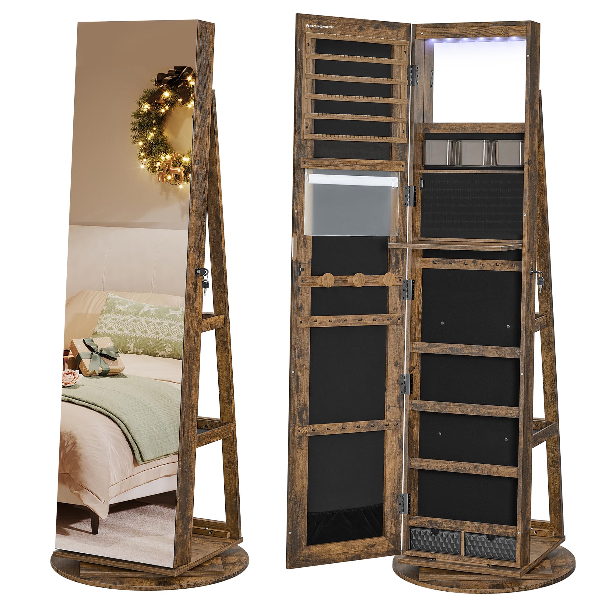 SONGMICS 6 LEDs Lockable Mirror Jewelry Cabinet, 360° Swivel Jewelry Organizer, Standing Jewelry Armoire, Frameless Full-Length Mirror, 3 Storage Shelves, Christmas Gifts, Rustic Brown UJJC007X01