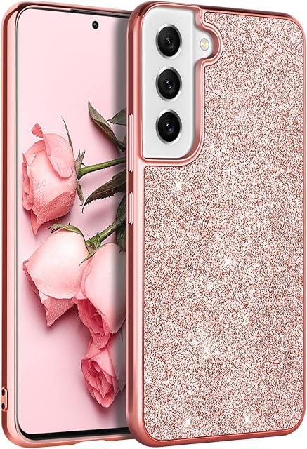 YINLAI Samsung Galaxy S22 Case Glitter Shiny Sparkly Slim Shockproof Hybrid PC Soft TPU Rubber Covers Drop Protection Girly Women Phone Case for Samsung Galaxy S22 6.1 Inch,Rose Gold/Pink