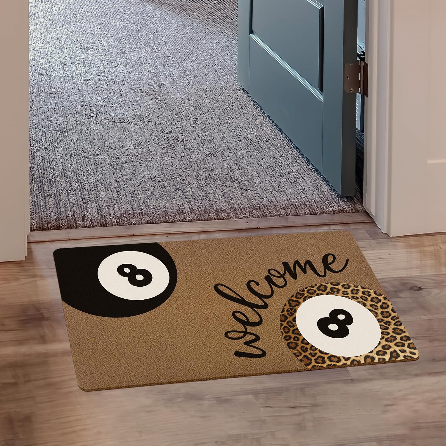 Leopard 8 Ball Welcome Door Mat, Funky Cheetah Print Lucky Ball Artificial Coir Front Door Mat Indoor Outdoor Entrance, Trendy Preppy Girly Y2k Doormat Rug for Porch Entryway Patio Decor,17X30