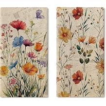 Vintage Flower Kitchen Dish Towels Set of 2 | Retro Floral Butterfly Drying Hand Towel Baking Cooking Cloth, Spring Summer Wildflower Bathroom Home Decoration 18'' x 26''