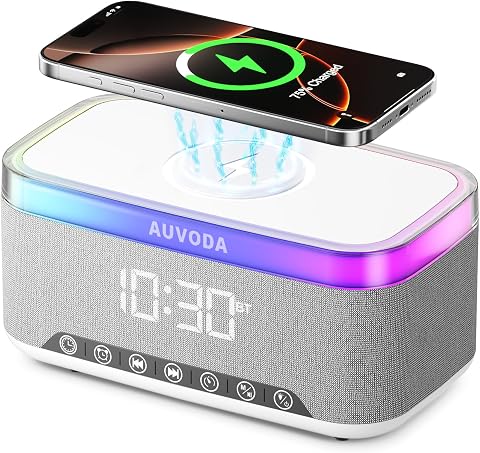 S300 Portable Bluetooth Speaker with 15W Fast Wireless Charging, 13-Color Dimmable Night Light, White Noise, Alarm, FM Radio, 16W Stereo, BT5.3, TWS, for Home, Office, Bedroom (White)