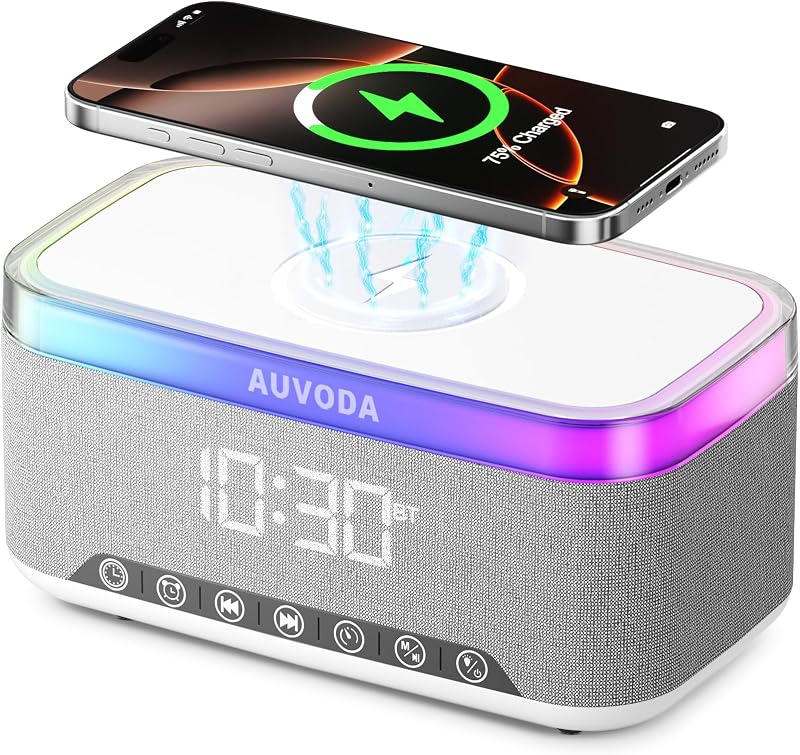 S300 Portable Bluetooth Speaker with 15W Fast Wireless Charging, 13-Color Dimmable Night Light, White Noise, Alarm, FM Radio, 16W Stereo, BT5.3, TWS, for Home, Office, Bedroom (White)