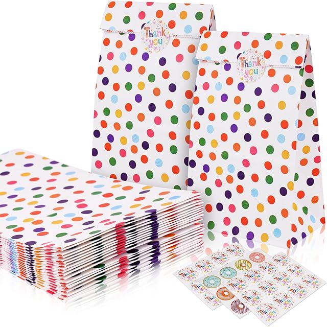 Torba na prezent, papierowa, w kropki, imprezowa, z uroczymi naklejkami, na imprezę dla dzieci, na uroczystości, baby shower, urodziny, Halloween, Boże Narodzenie, 18 szt.