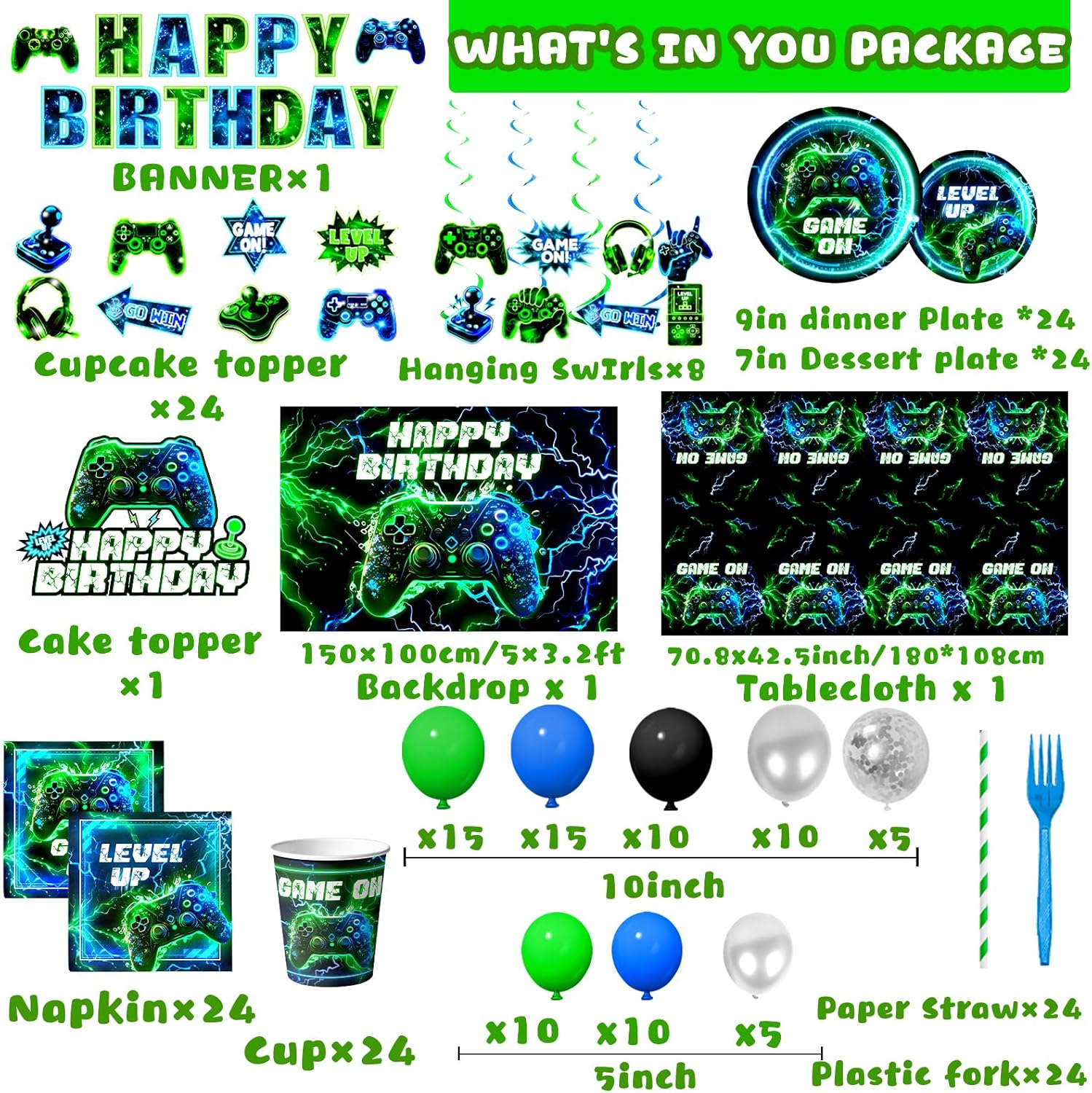Video Game Birthday Decorations,260pcs Gaming Party Decorations Gamer Birthday Party Decorations Plates and Napkins Cups Tablecloth, Game Party Decorations for Boys Cake Topper Hanging Swirls