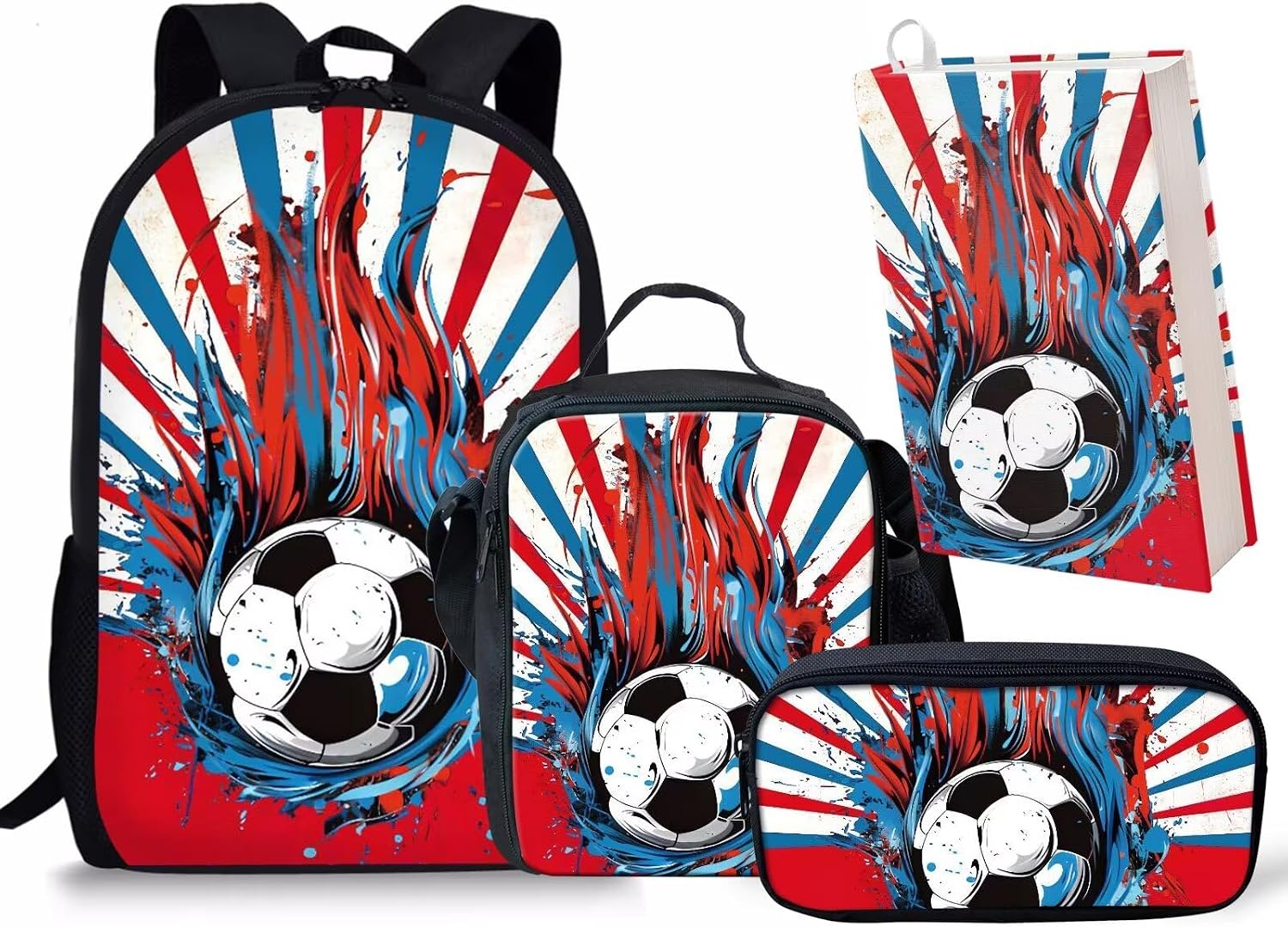 Rnyleeg 4Pcs Football Pattern Kids Boys Primary Elementary School Bag Backpack with Pencil Box Set and Insulated Lunch Bag Stretchable Book Covers