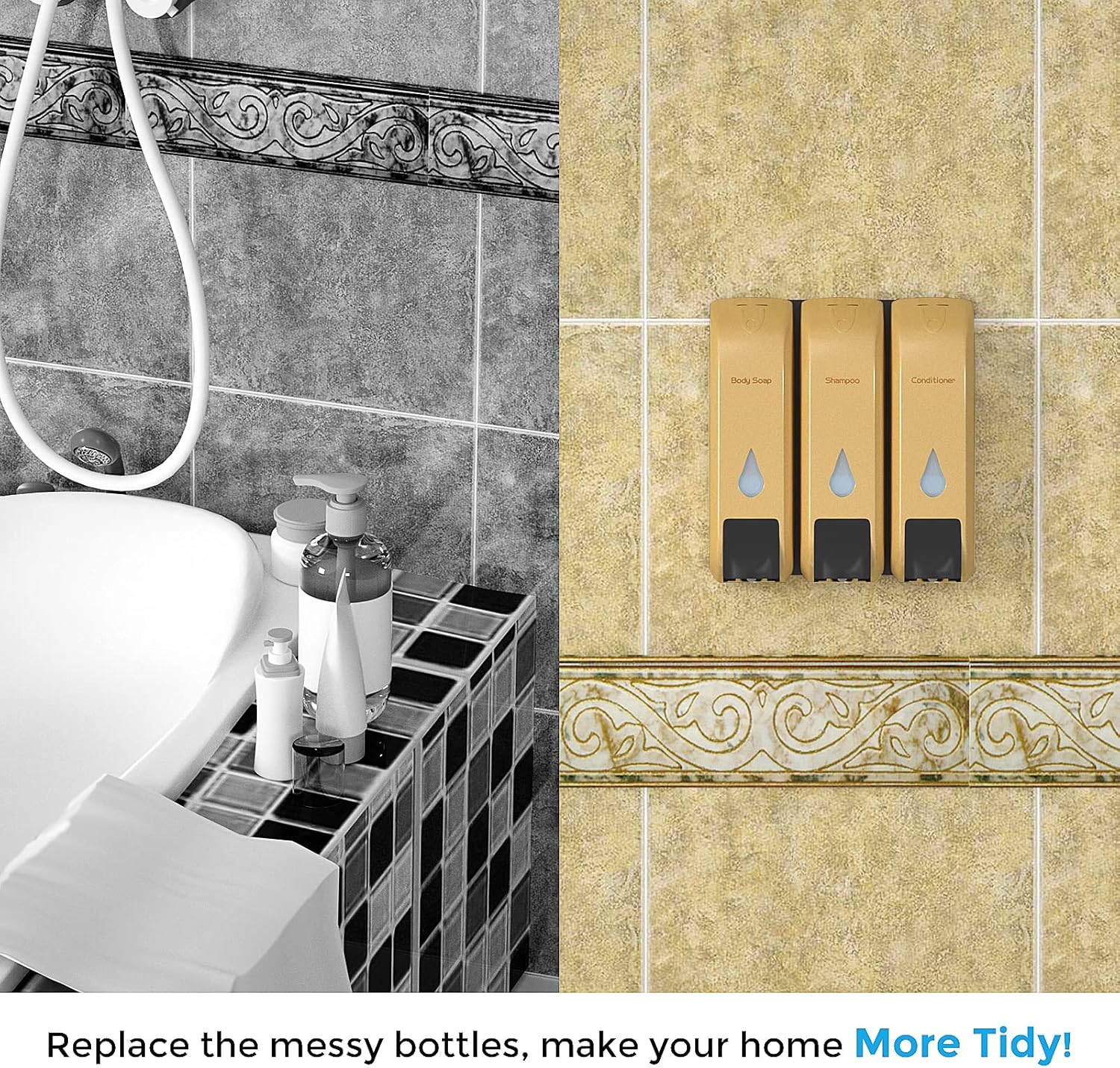 KSITEX Shampoo and Conditioner Dispenser for Shower Wall, Shower Soap Dispenser, Bathroom Wall Mounted No Drill 3 Chamber (Golden) : Home & Kitchen