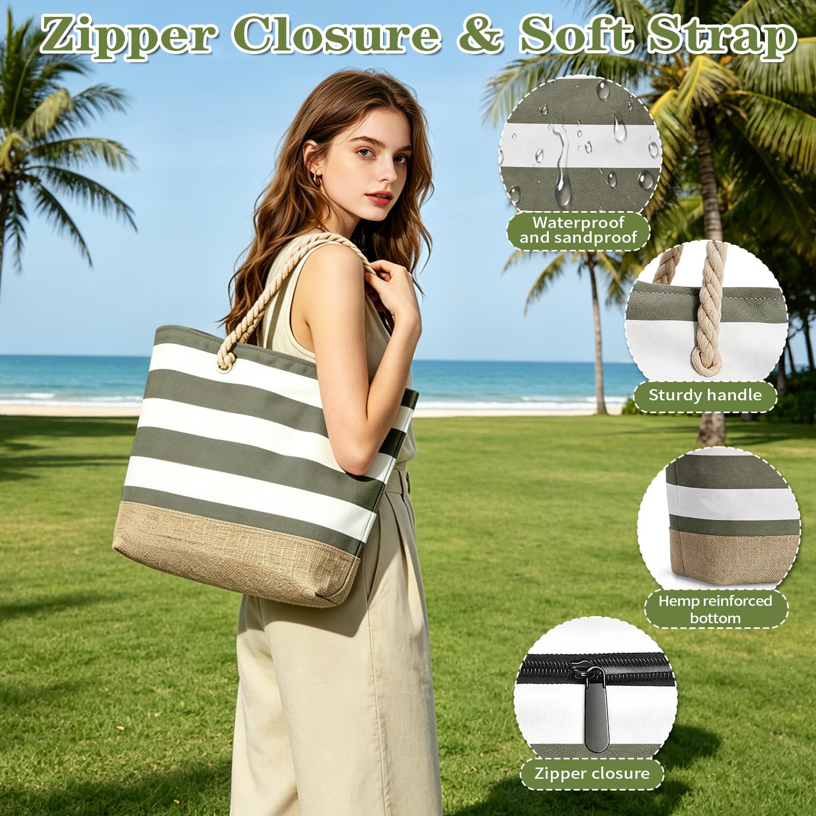 GEEKEO Sac de plage - Grand sac de plage pour femme - Imperméable et résistant au sable - Avec fermeture éclair - Sac de plage - Sac de plage - Sac de courses pour femme - Voyage de plage