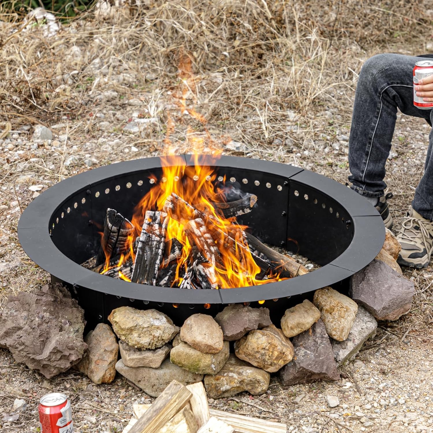 OutVue 42 inch Fire Ring, Large Round Firepit Insert,Fire Pit Ring for Camping, Wood Burning Fire Pit for Yard,Garden,Outdoor Fireplace, DIY Fire Rings for Outside