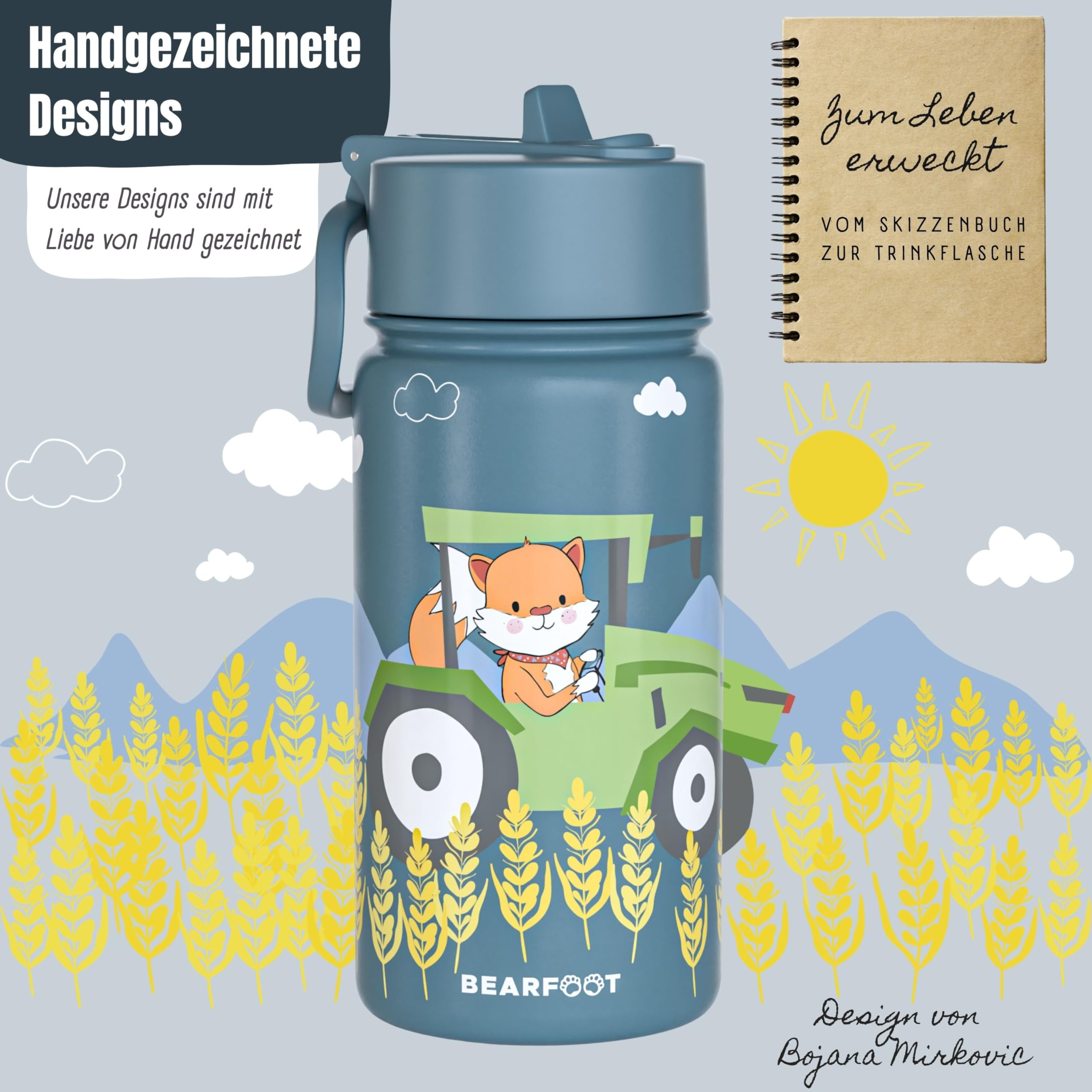 Edelstahl Trinkflasche Kinder 400ml (Blau - Traktor Fuchs) | Thermoflasche, mit Strohhalm, vakuumisoliert, auslaufsicher, BPA-frei, für Mädchen & Jungen