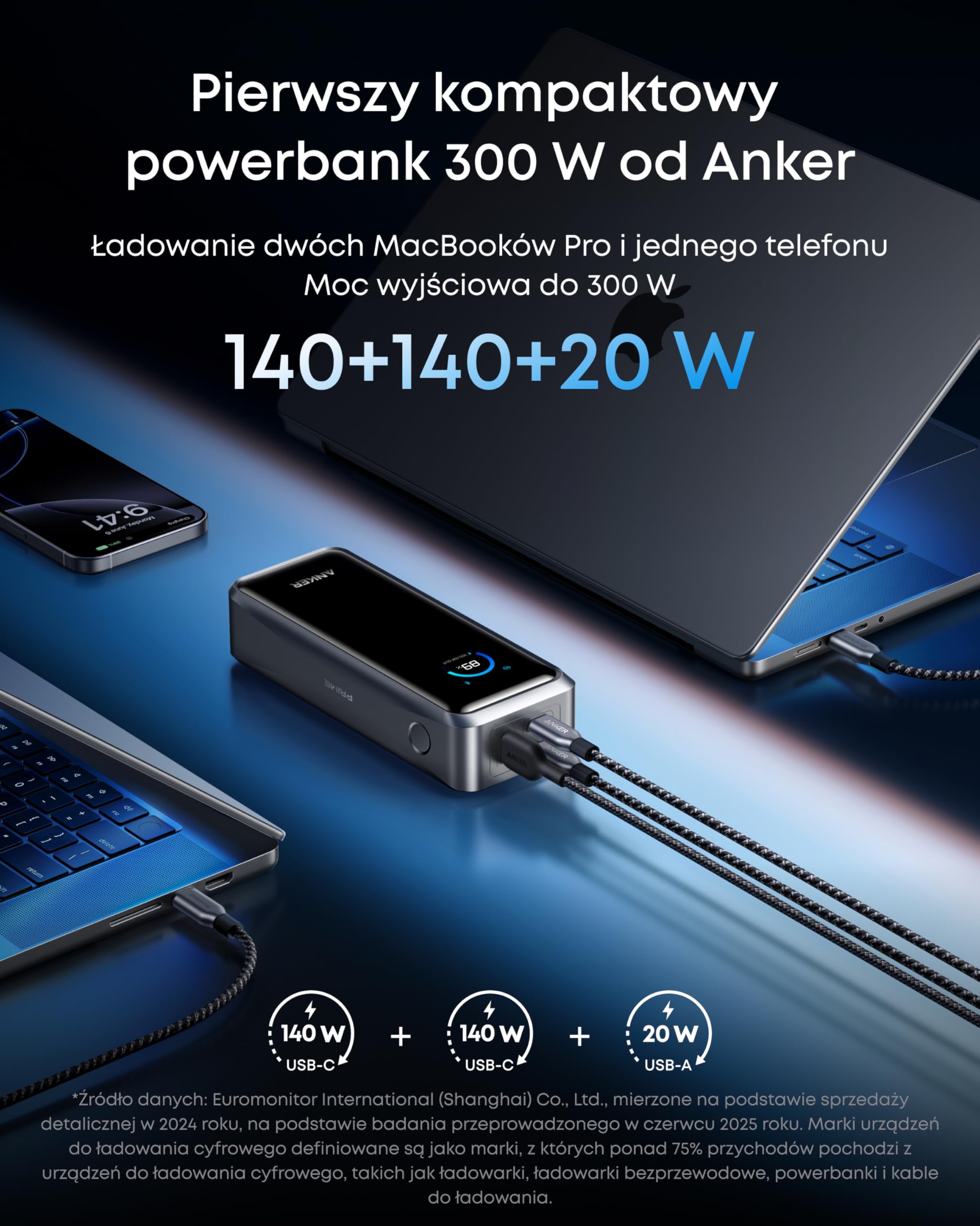 Anker powerbank Prime, 26250 mAh, 300 W, 3 porty, aplikacja | Pojemność 26250 mAh, 3 porty, przenośny, moc wyjściowa 300 W, do użytku w samolotach, aplikacja, szybkie ładowanie