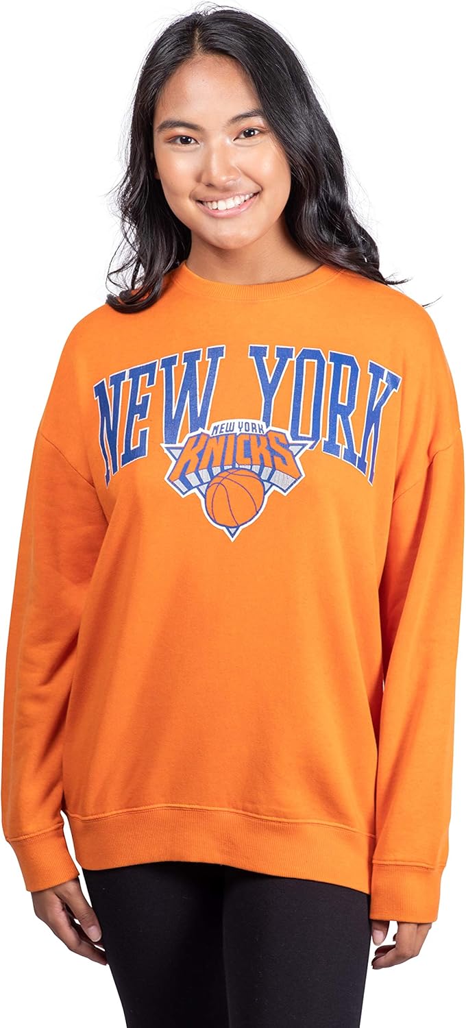 Ultra Game NBA Women's Extra Soft Fleece Distressed Oversized Pullover Sweatshirt New York Knicks Large