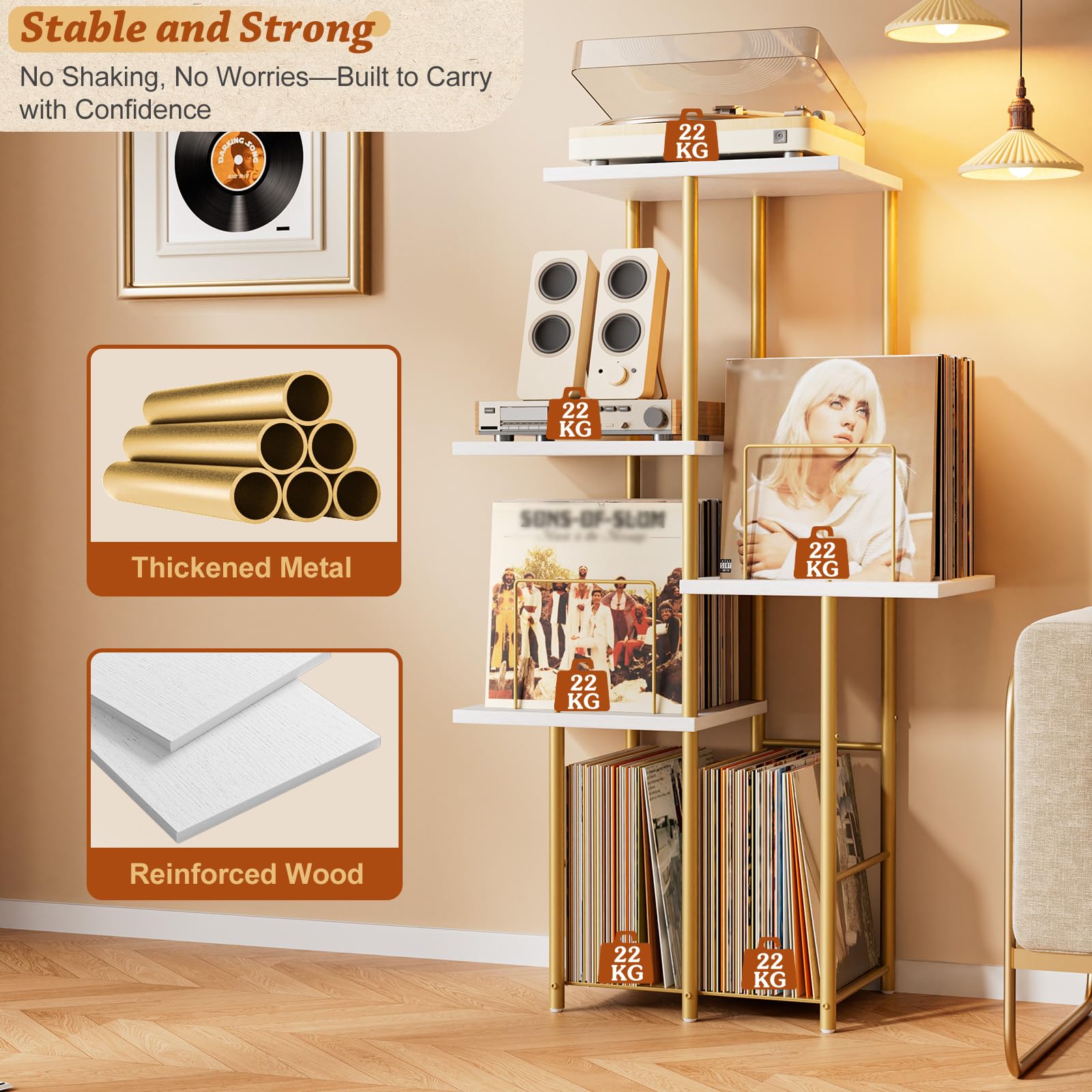 Bikoney Tavolo Porta Giradischi con Mobile per Dischi in Vinile - Oro | Consolle Alta in Legno per Soggiorno e Camera, Supporto per Giradischi Salvaspazio con Espositore e Organizer LP