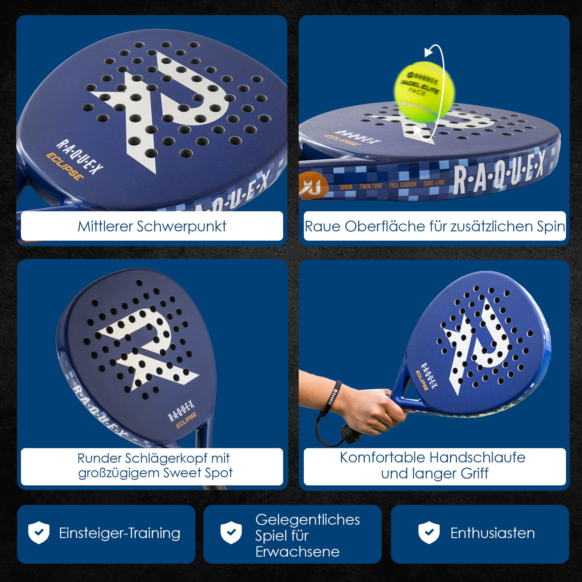 Raquex Eclipse Padelschläger – Vollcarbon, Padelschläger für Anfänger und Fortgeschrittene, für Damen und Herren, 360g – Reaktiver ImpactCore Eva 15 Schaumstoff, Doppelrohrsystem für Langlebigkeit