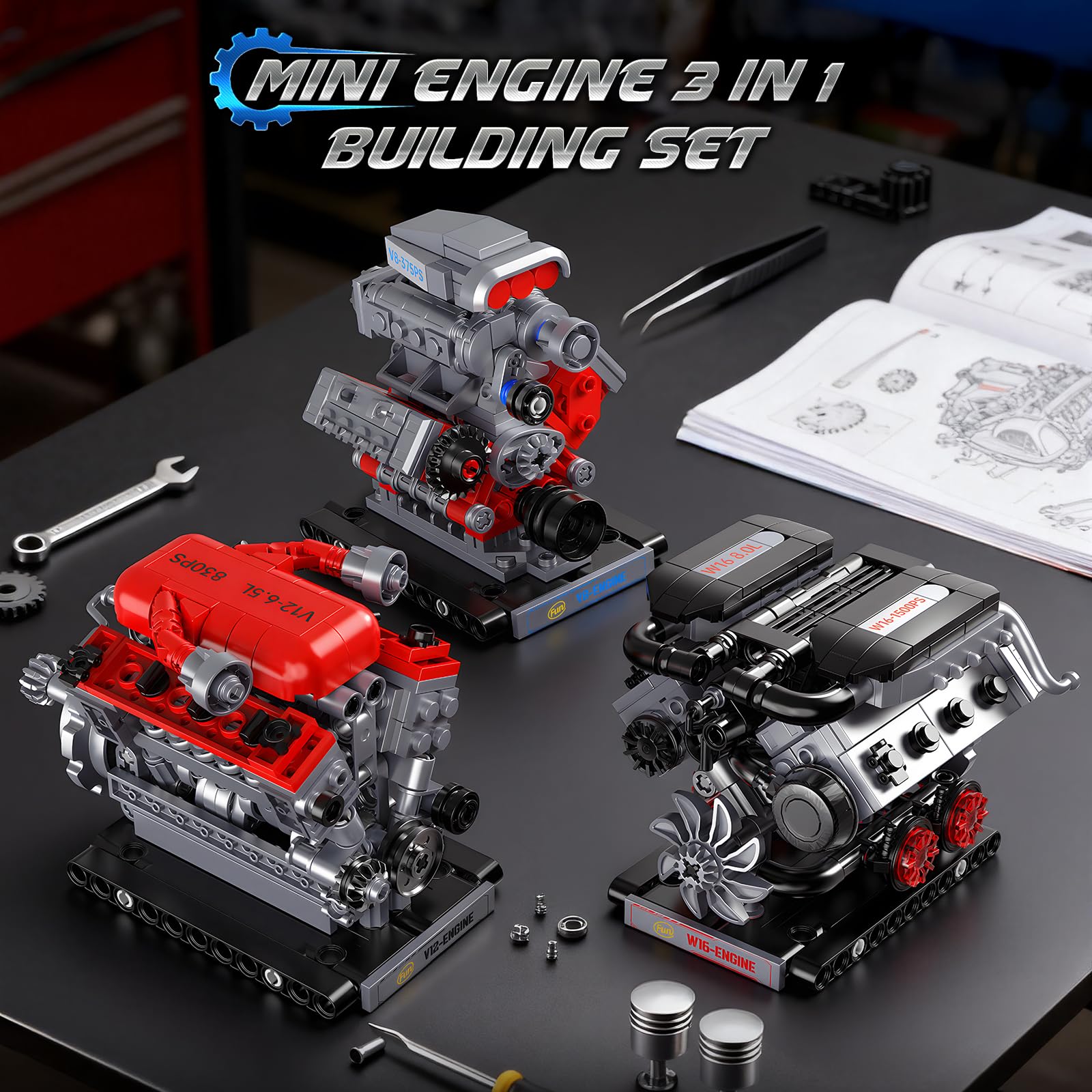 JMBricklayer Kit de Maquette de Moteur 3-en-1 qui Fonctionne, Kits Moteur V8 V12 W16 pour Adultes Adolescents, Jouet STEM Cadeau de Collection pour Passionnés d'Auto - 2