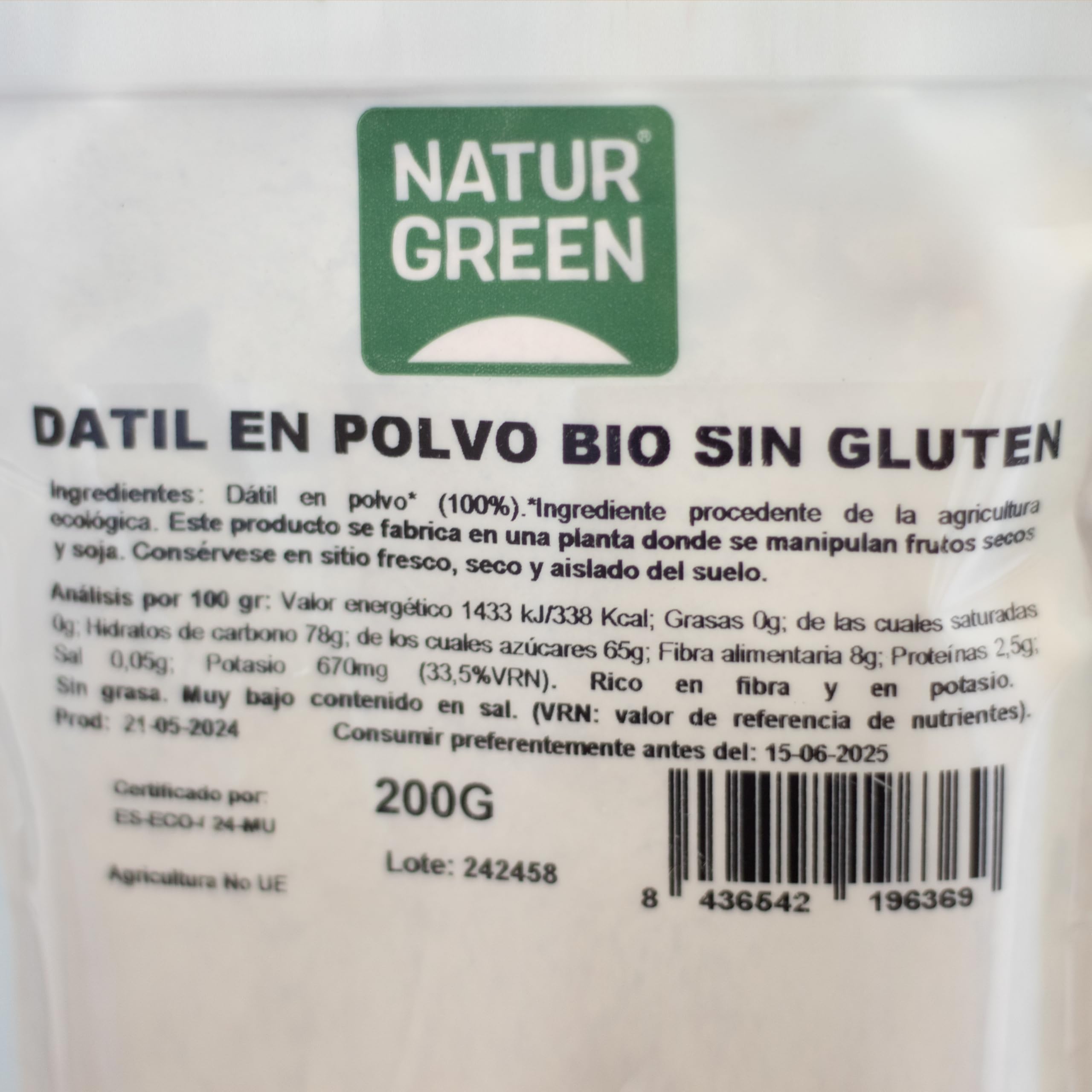 NaturGreen - Harina de Dátiles Bio, Pack 9 x 200 g, 100% Natural, Fuente de Proteínas y Fibra, Sin Gluten, Ideal para Repostería y Mezclas Keto