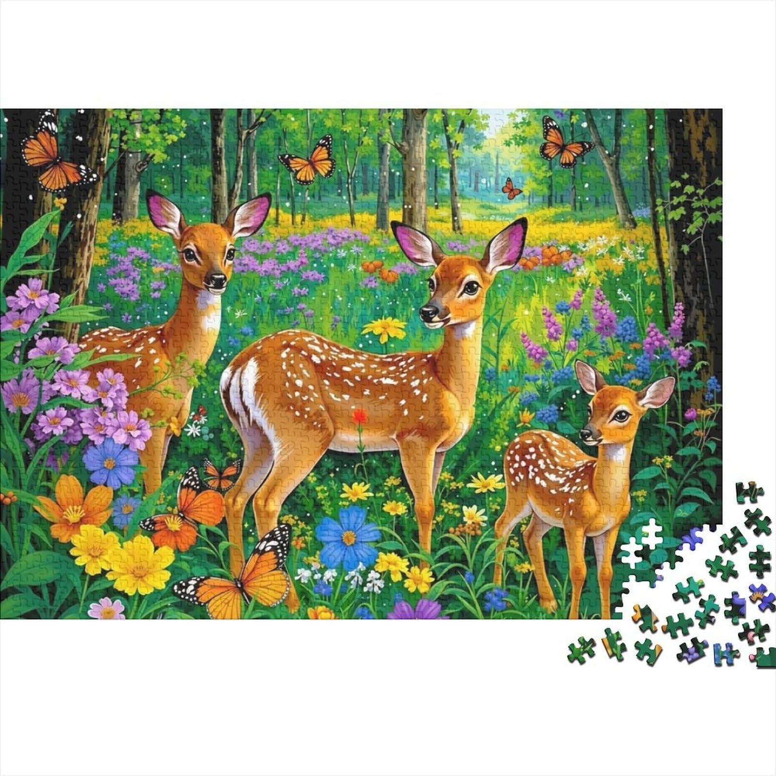 Puzzle de 1000 piezas para adultos con diseño de bosque de ciervos y flores 8