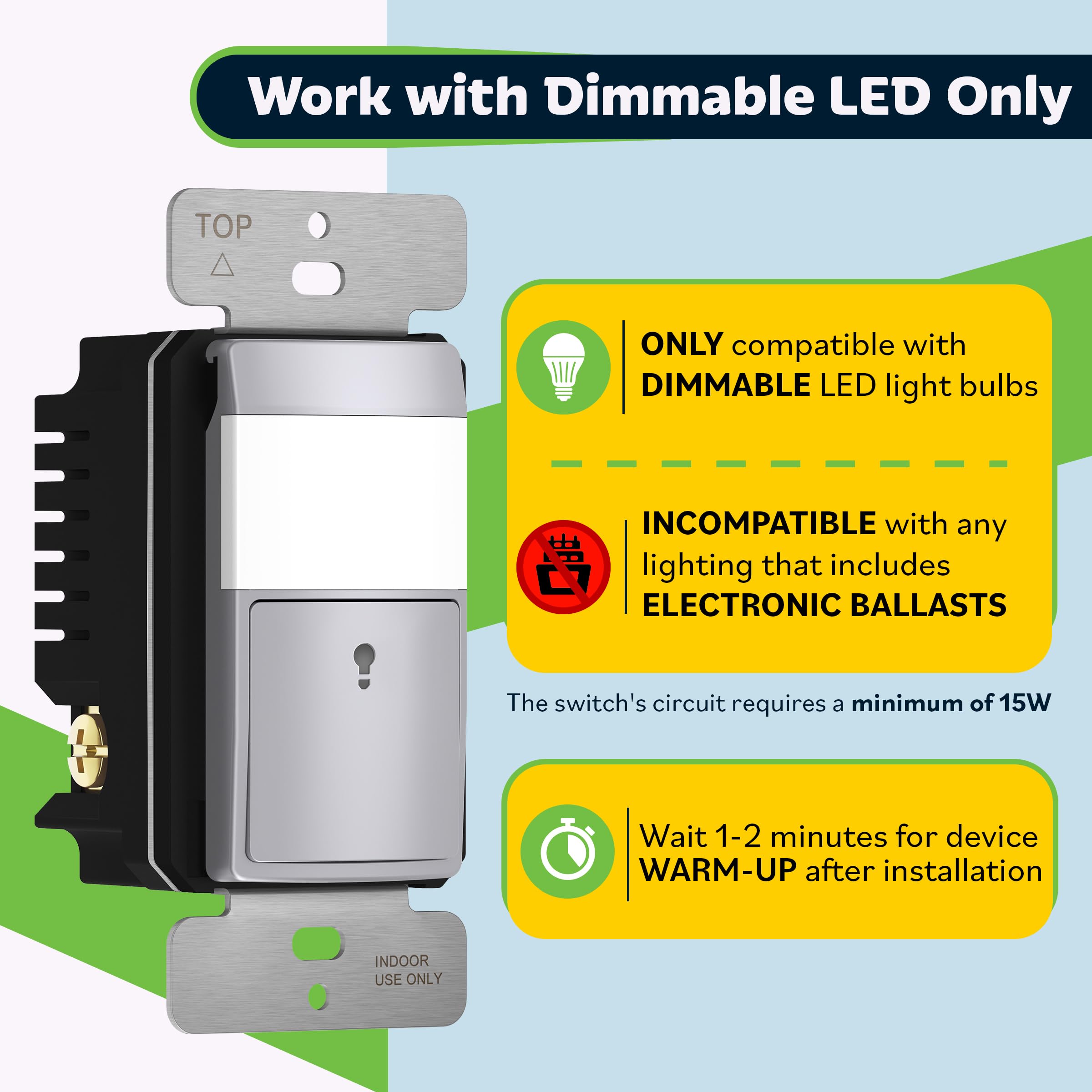 TOPGREENER Interrupteur à détecteur de mouvement, détecteur de mouvement PIR, modes occupation et vacance, pas de fil neutre nécessaire, fonctionne sans fil de terre, 1,25 A, 150 W, LED à intensité