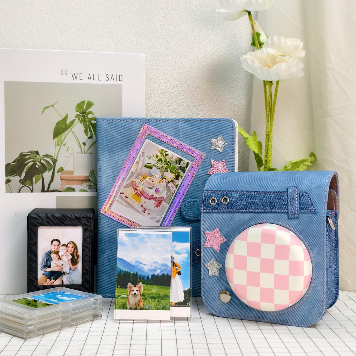 9 in 1 Accessories Bundle Kit Fit for Fujifilm Instax Mini 12/11/40 Camera, Sweetheart Denim Camera Case with 128 Pockets Photo Album, Photo Storage Box, Display Picture Frame, Magnetic Picture Frame