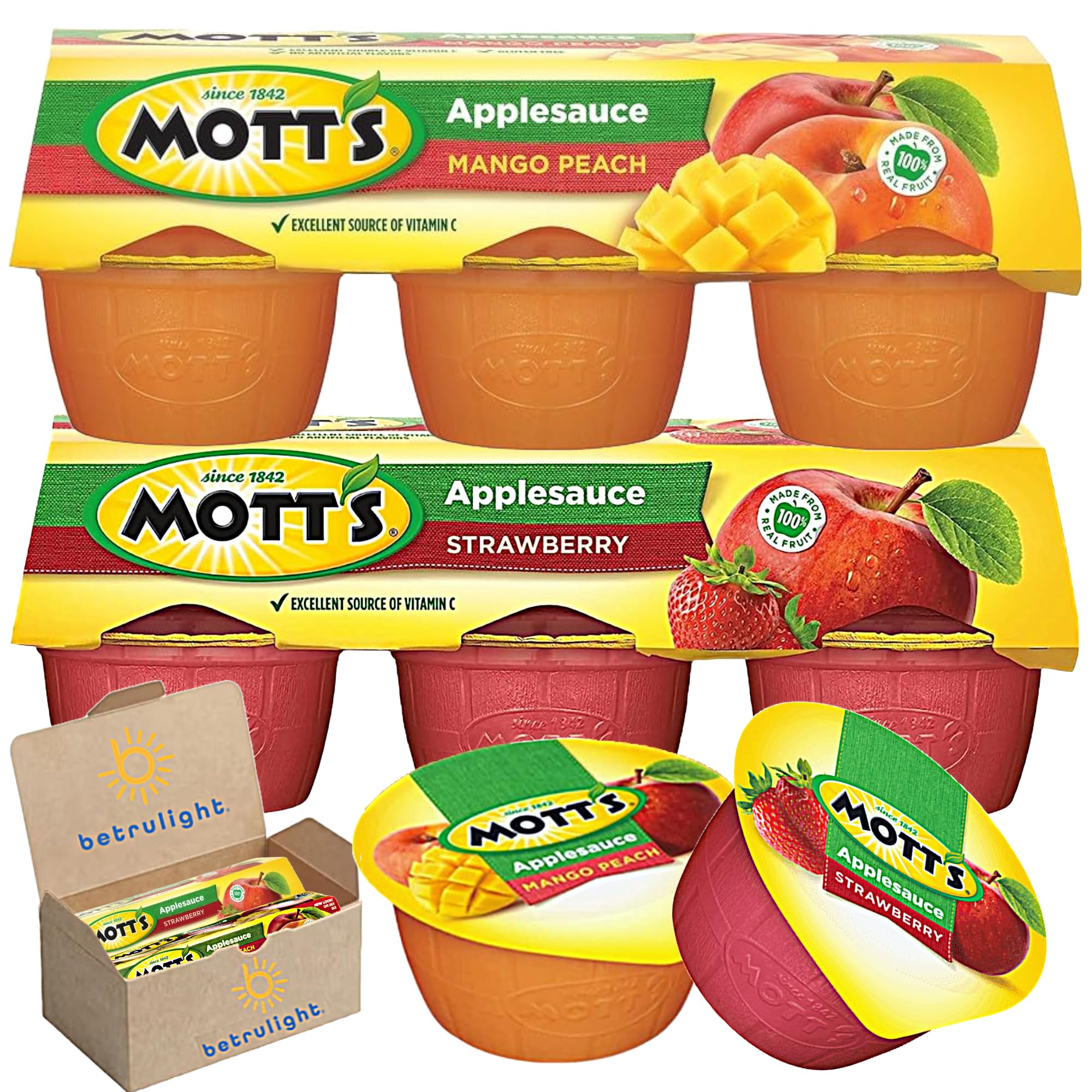 Motts Fruit Snacks on the Go| Applesauce Mango Peach & Strawberry Tasty Bite Apple Sauce Snacks | Made From Apples & Strawberry - Gluten Free Snacks for Kids & Adults| 4 oz Pack of 12 | Every Order is Elegantly Packaged in a Signature BETRULIGHT Branded Box!