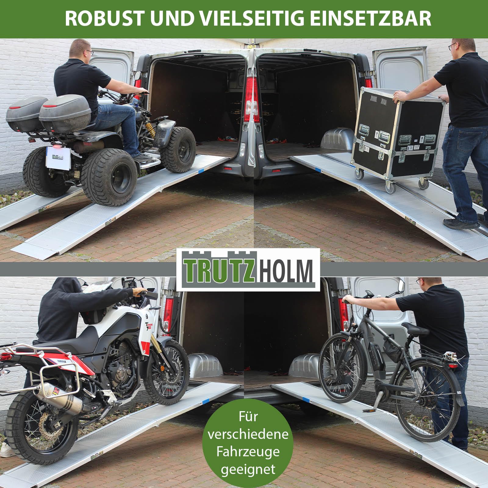 TRUTZHOLM Alu Auffahrrampe klappbar 307 cm extra lang 450 kg Traglast geriffelt Motorradrampe bewegliche Auflage anpassungsfähig Flacher Auffahrwinkel Tragegriff grau