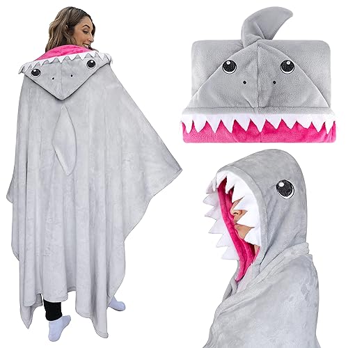 Shoppawhile Shark Gifts for Women Wearable Hooded Blanket Soft Cute Warm Fluffy Shark Gifts Hooded Blanket Presents for Teenage Boys 59 * 51 inch - Grey-shark