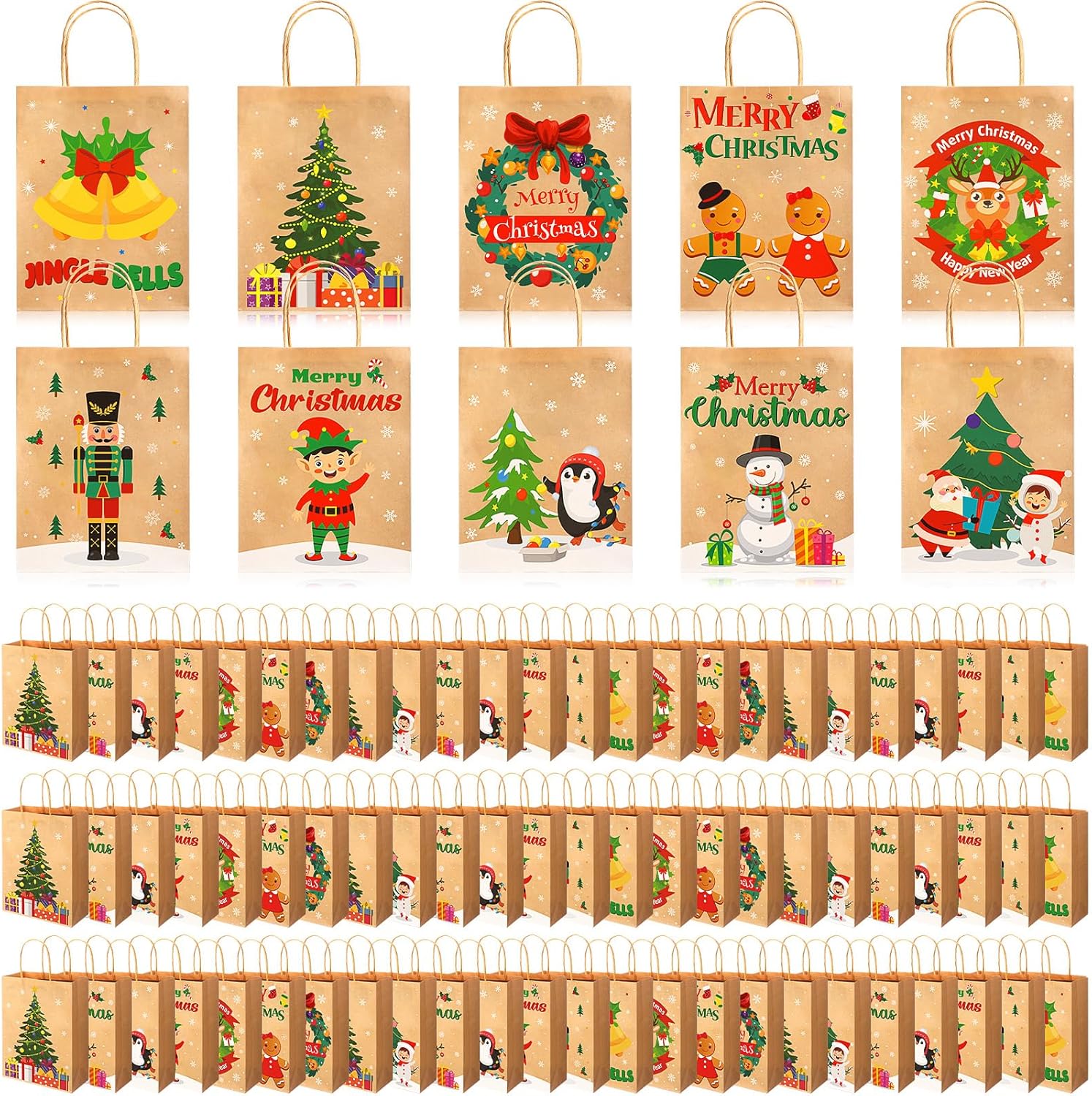 Cholemy 200 Pcs Christmas Gift Bags Bulk, 9 x 7 x 3 Kraft Paper Bags with Handle Goody Treat Bags for Xmas Party Favors Special Holiday Gifts, 10 Style(Vivid Colors)