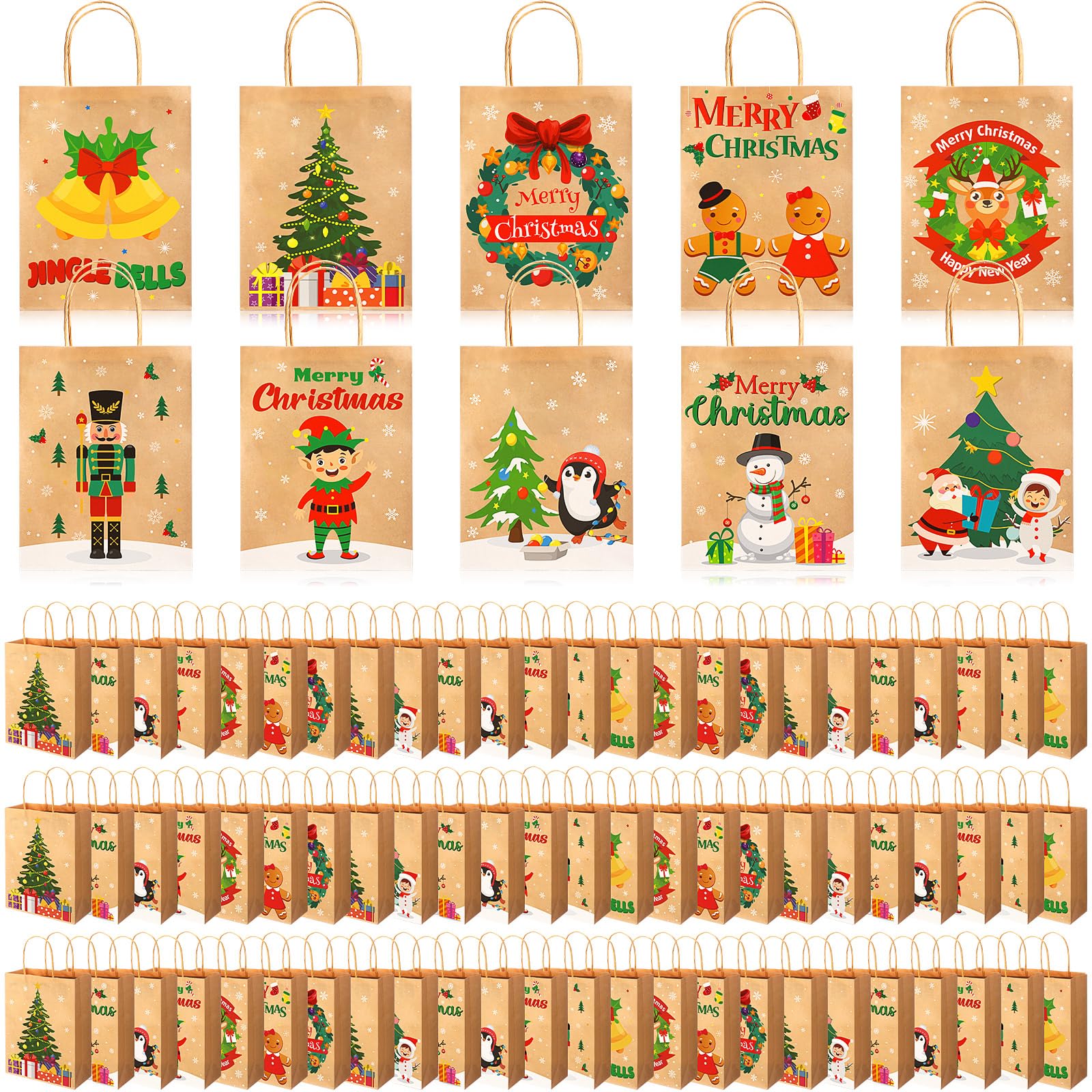 Cholemy 200 bolsas de regalo de Navidad a granel, 9 x 7 x 3 pulgadas, bolsas de papel kraft de Navidad con asa, bolsas de regalo de Navidad para regalos especiales de vacaciones, 10 estilos (colores