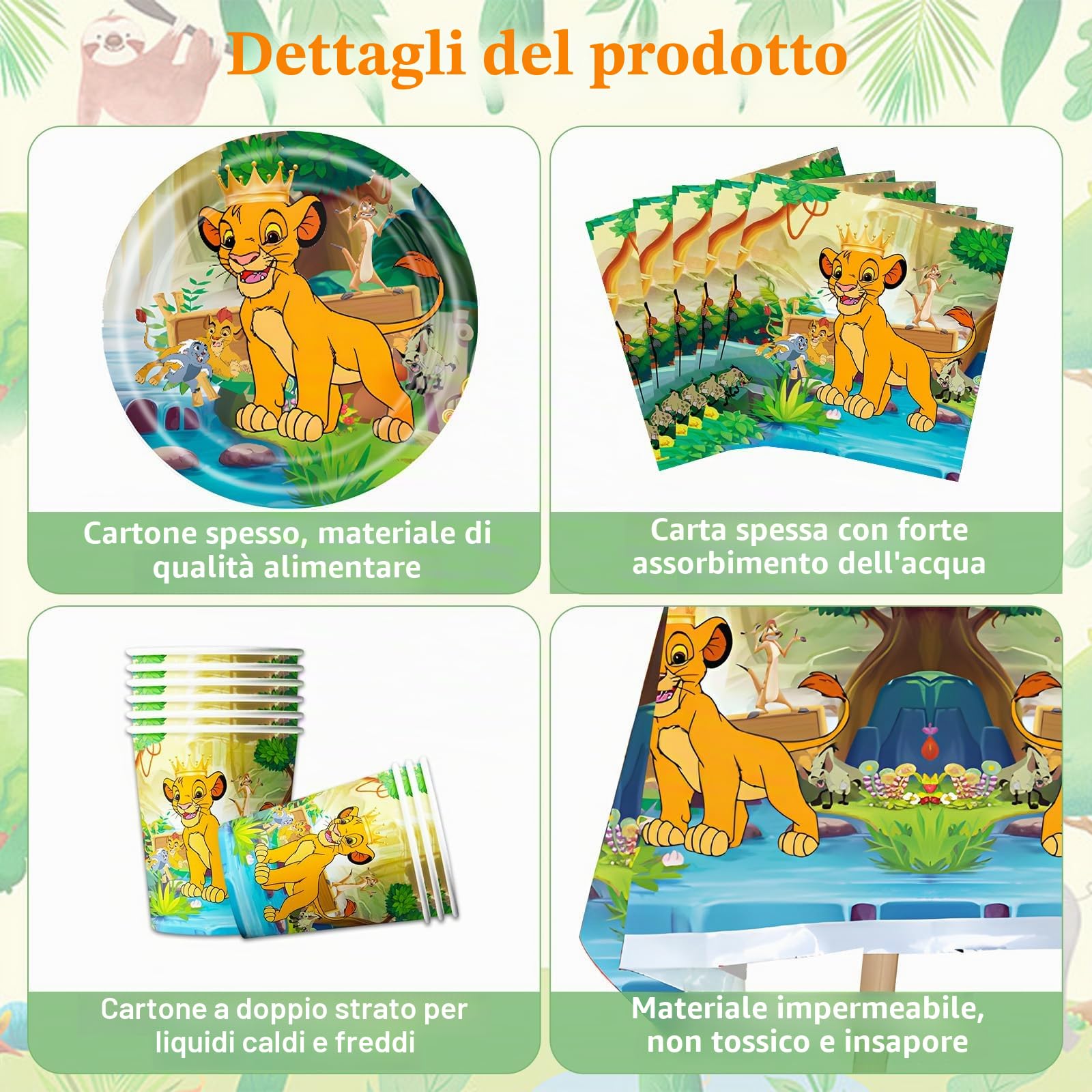 89 Pezzi Decorazione di Compleanno Leone, Piatti di Carta per Feste di Compleanno per Bambini Piatti Tovaglioli Palloncini Decorazione per 10 Persone
