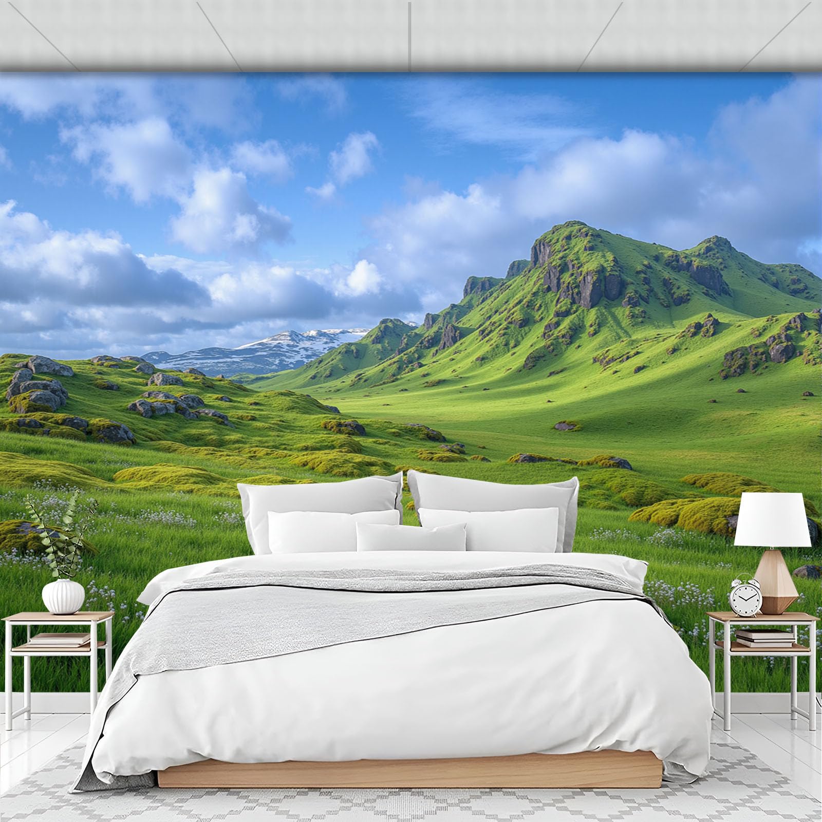 Papier peint 3d panoramique pour agrandir un petit salon 300x210cm bleu-vert