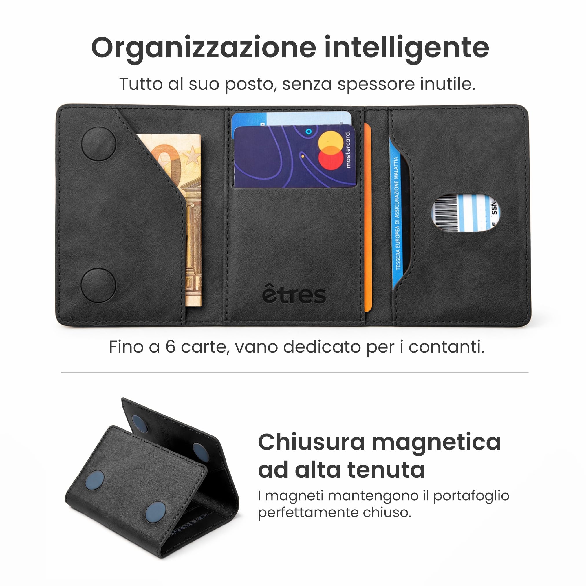 TECHMADE Etres Portafoglio Magsafe Compatibile per iPhone 17/16/15/14/13/12 - Portacarte Magnetico, RFID, in PU Leather - 6 Slot Carte + Tasca Contanti - Compatto, Unisex, Antiscivolo (NERO)