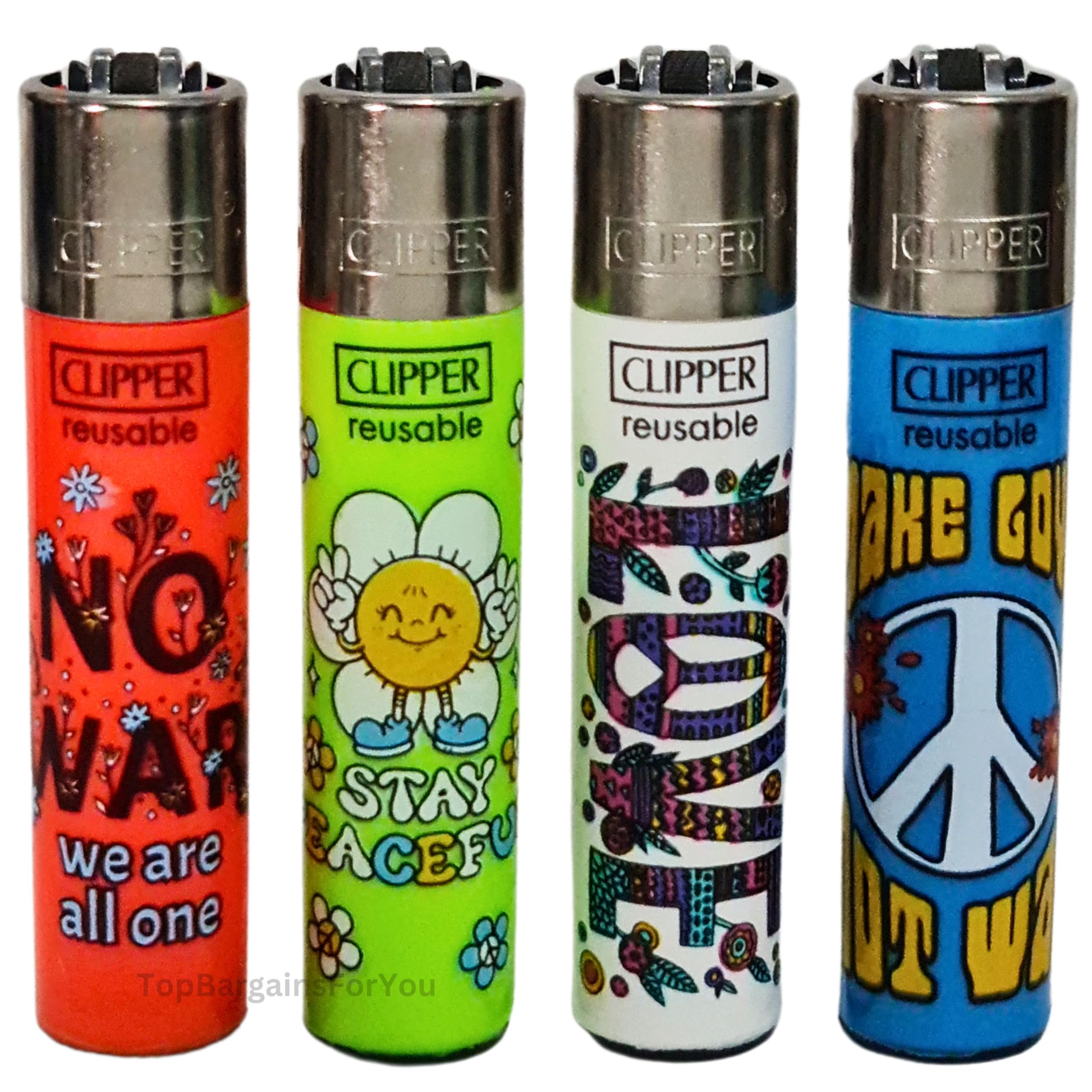 Zactly Multicolor With Say Peace Design - 4 X Clipper Lighter Set Say Peace Design Gas Refillable Lighters Standarad Size Replaceable Flint Adjustable Flame Rare - Limited Edition