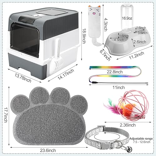 Miniatura 2 de Tioncy Kit de iniciación de 7 piezas para gatos pequeños, caja de arena para gatos con pala, alfombrilla de arena de patas de gato, cuencos dobles