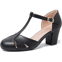 Womens T-Strap Block Heel Pumps, Ankle Buckle Closure, Classic Cut Out Round Toe Dress Shoes