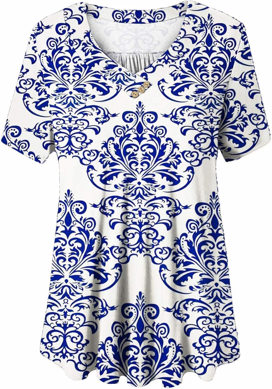 FOLUNSI Women’s Plus Size V Neck Button Tunic Top Causal Short Sleeve Blouse 03 4XL