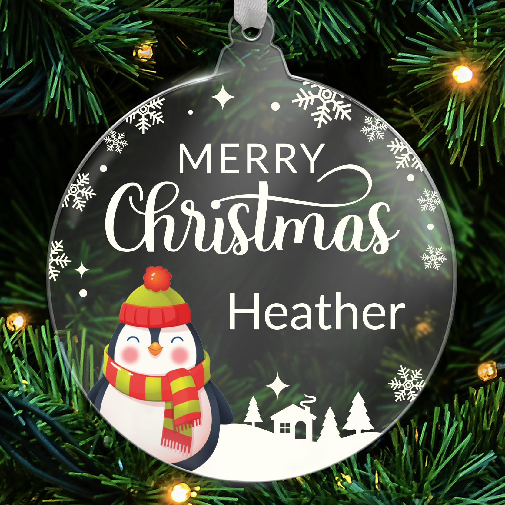 1 Personalised Customised Christmas Xmas Festive Character Choice Penguin Santa Rudolf Polar Bear Snowman Acrylic Bauble Tree Gift Decoration Present 80mm PTS Personalised