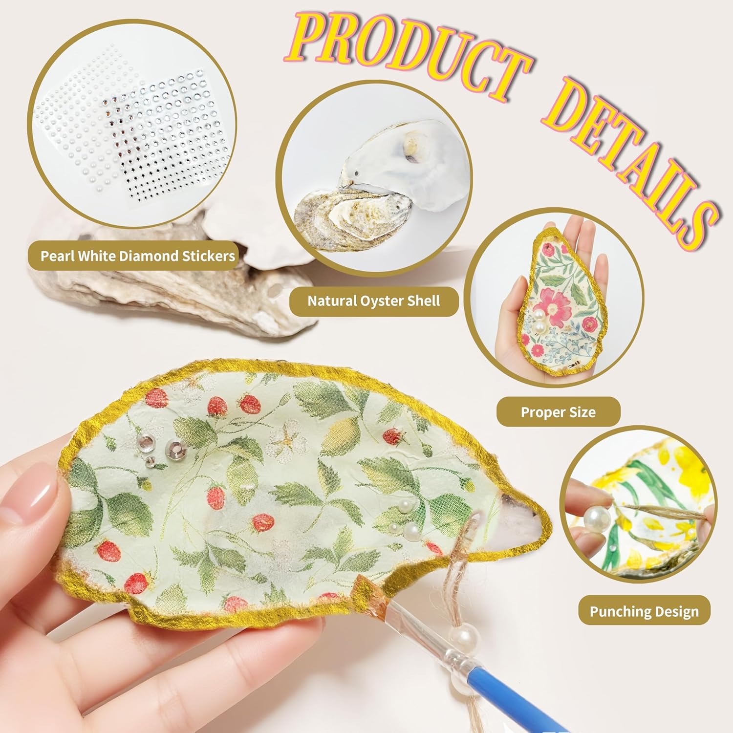 16 Set Large Oyster Shells for Crafts Kit 4"-5" White Natural Shells with Holes Included 32 Pcs Flower Paper Napkin Brushes Gold Acrylic Paint Strips Stickers and White Plastic Pearl for DIY Ornament