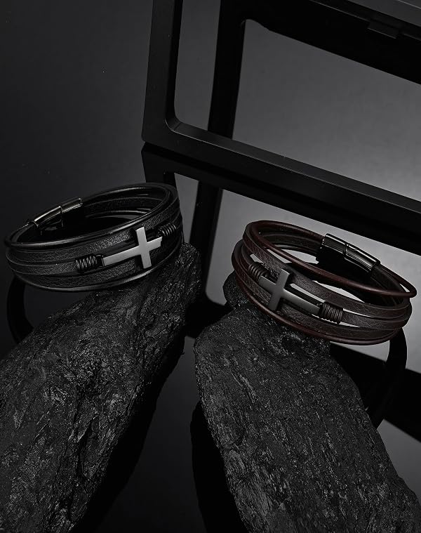 YL Cross Christian Leather Mens Bracelet, Black Rhodium Plated 316L Stainless Steel Religious Brown Multi-Layer Cuff Handcrafted Jewelry Gifts, 8.7" by YL - Image 4