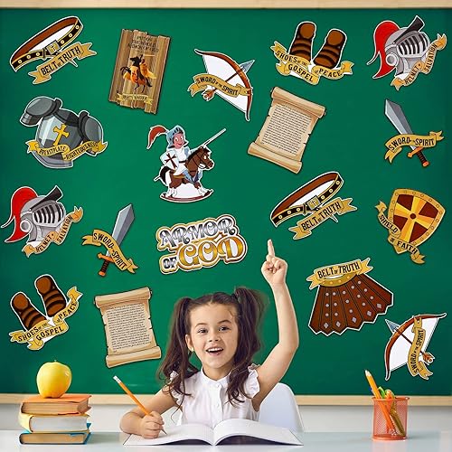Miniatura 6 de 36 piezas de recortes de armadura de Dios para niños, tablero de anuncios cristiano para escuela dominical 2025 VBS Biblia póster calcomanías