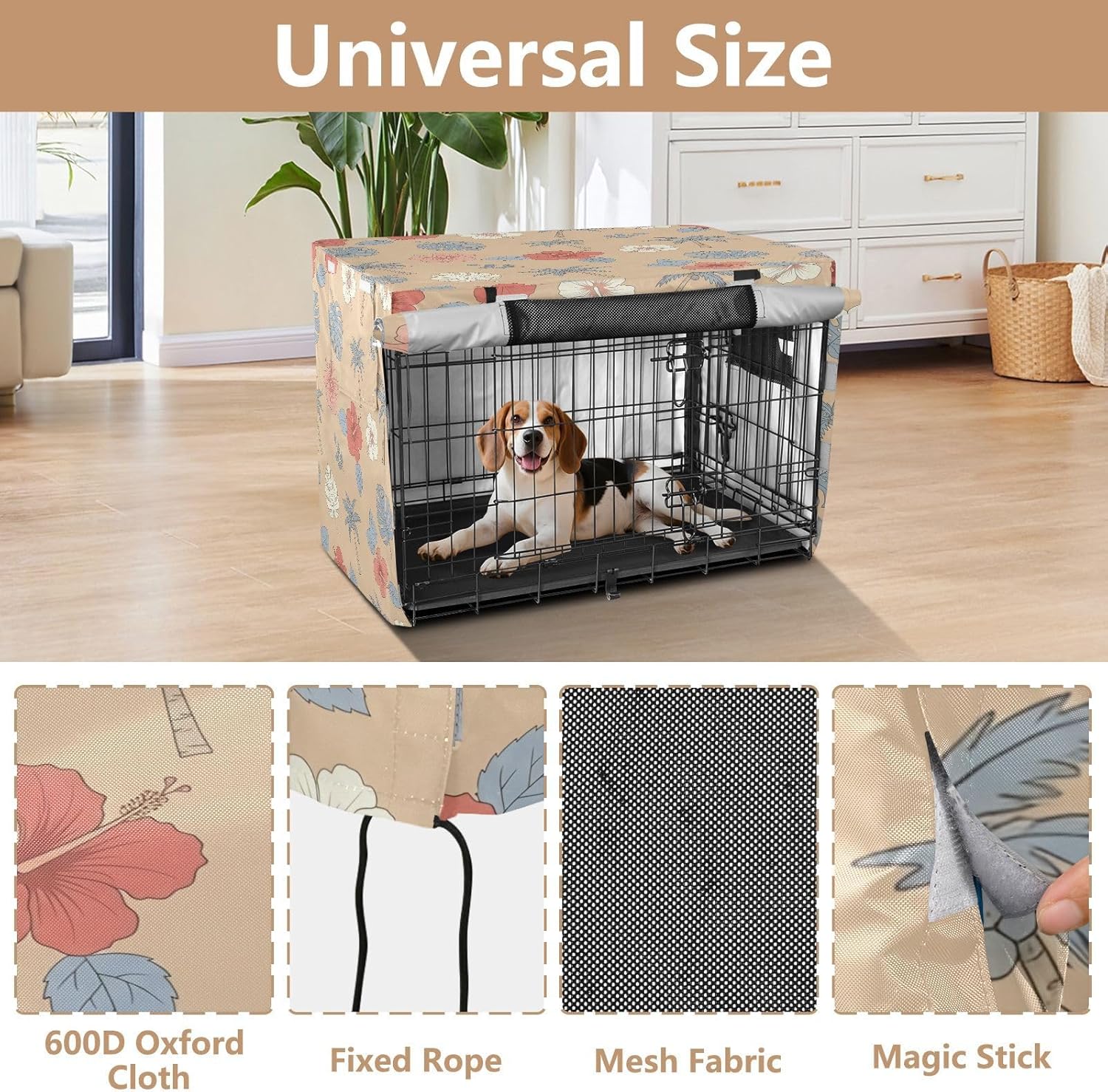 Tropical Flowers Dog Crate Cover 600D Oxford Pet Kennel Cover with Mesh Window for Dog Cages, Windproof Waterproof Machine Washable, 42"x28"x30"