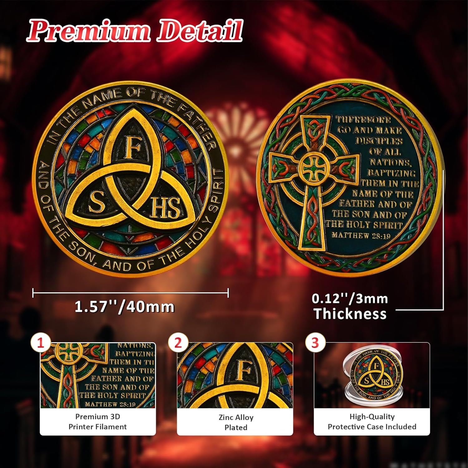 10 PCS Celtic Knot Christian Challenge Coin - Stained Glass Triquetra Jesus Religious Chip - God Matthew 28:19 Pocket Bible Verses Token for Study - Inspirational Irish Witches Good Luck Charmed Gifts