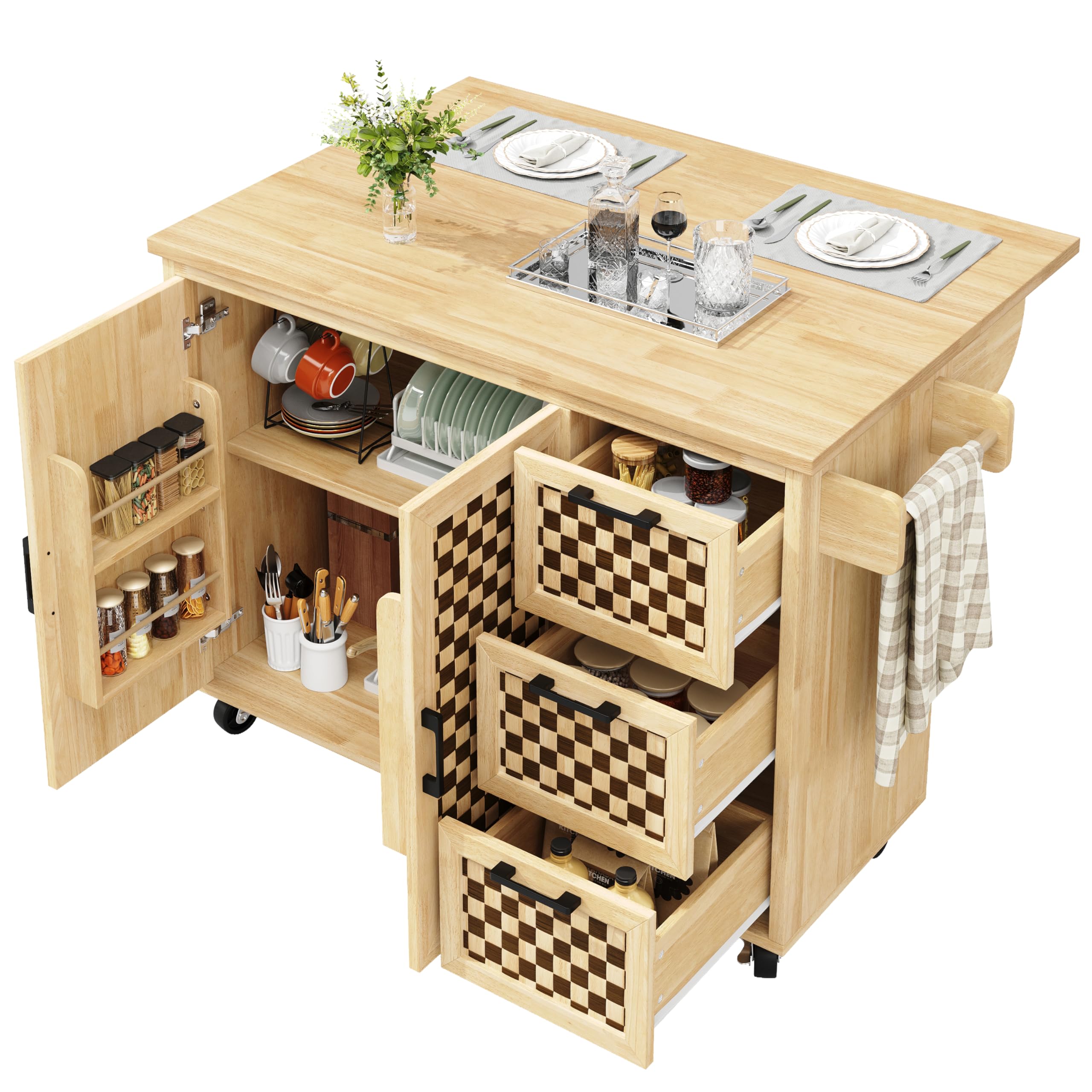 Kücheninsel auf Rollen 120x45x92 cm mit Klapptisch, 3 Schubladen, 2 Türen, verstellbaren Einlegeböden, Handtuchhalter, Buffetschrank & Servierwagen im Holzmaserung-Schachbrett Design