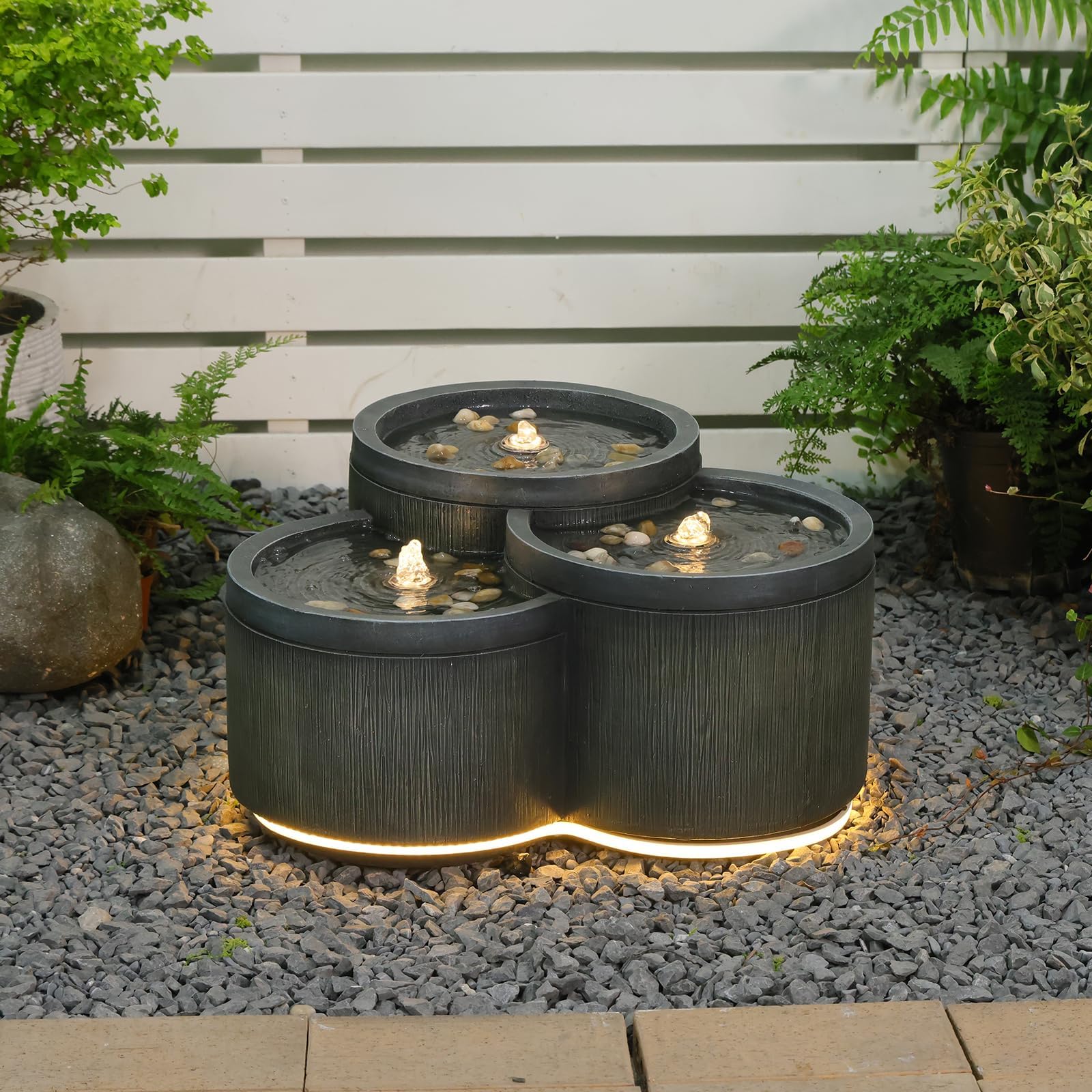 Wacredo Premium Wasserspiel Komplettset Aruba anthrazit 55 x 51 x 28cm Quellstein Trio Indoor und Outdoor Quellstein Brunnen klassisch Steinoptik mit 3X LED Spot und 1X LED Band handbemalt
