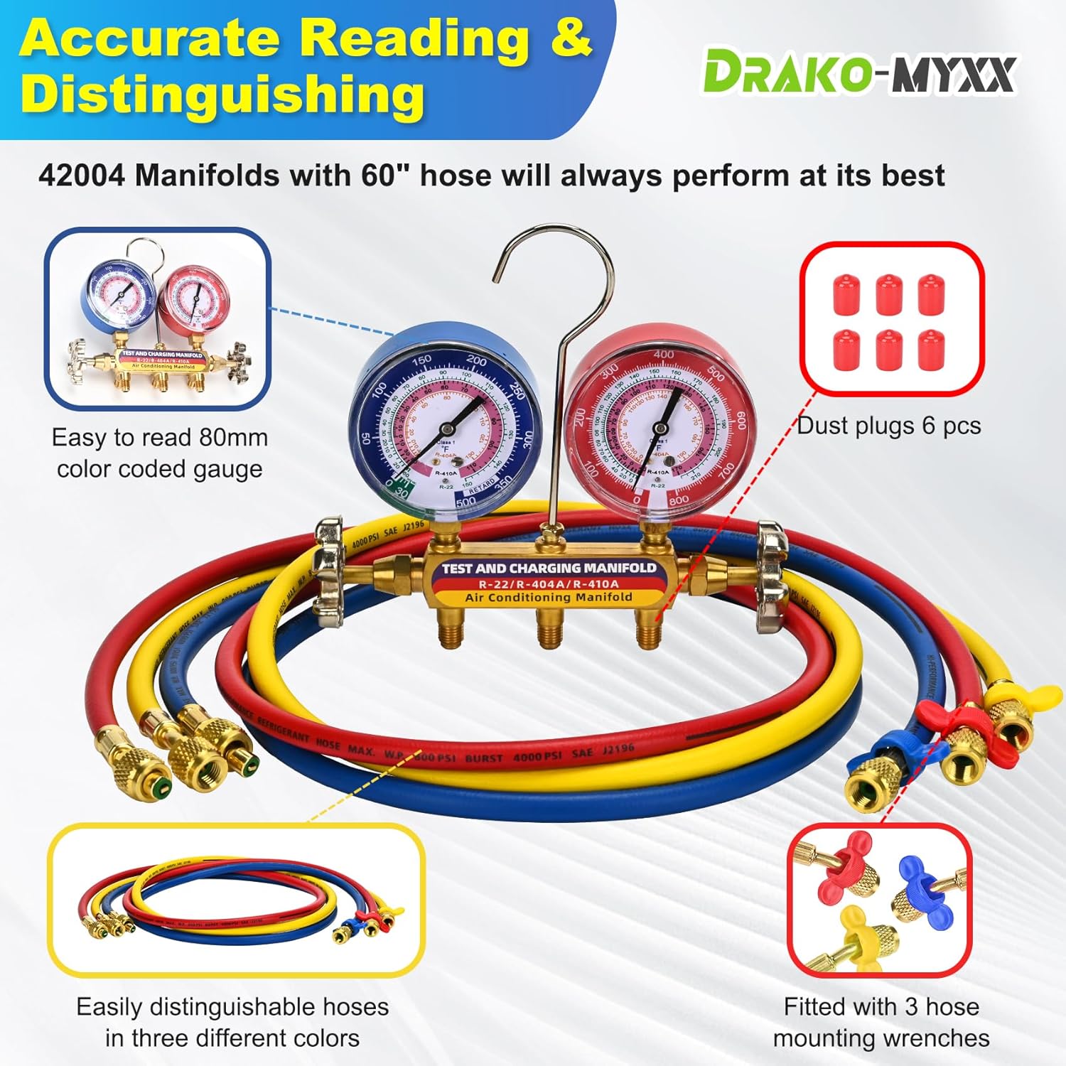 2026 Upgrade 42004 Test and Charge Manifold with 3-1/8" (80 mm) Gauge, for R-22/ 404A/ 410A, 1/4" to 1/4" Standard Flare Fittings with 60" HVAC Hoses, Gauge with Colored Label, Hvac Gauges with Hoses