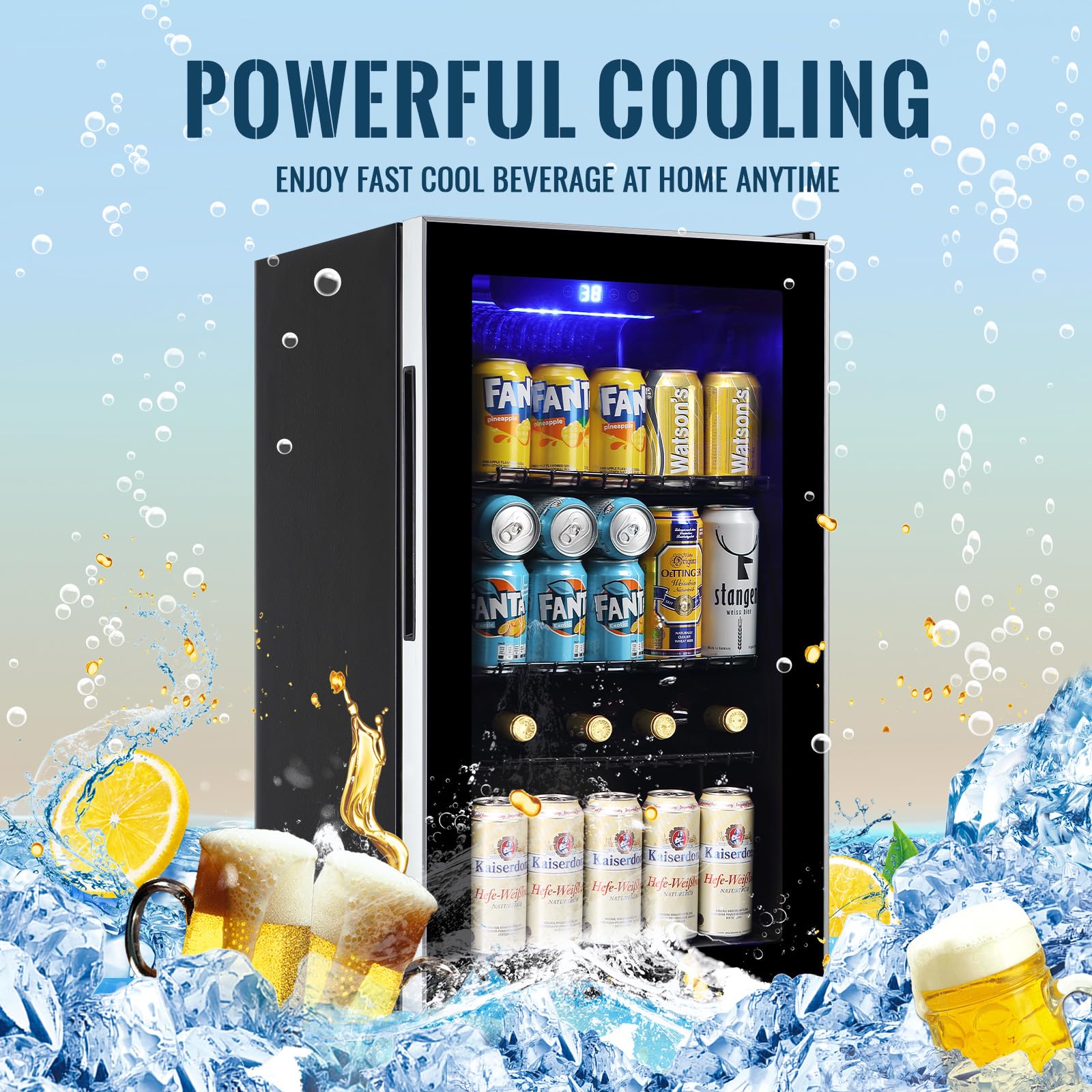 WANAI Beverage Refrigerator and Cooler with Glass Door - 125 Cans Capacity, 3.5 Cu.ft Small Beer Fridge for Drinks, Soda, Wine- Mini Cooler with Touch LED Display Control and Blue Light on Fridge.com